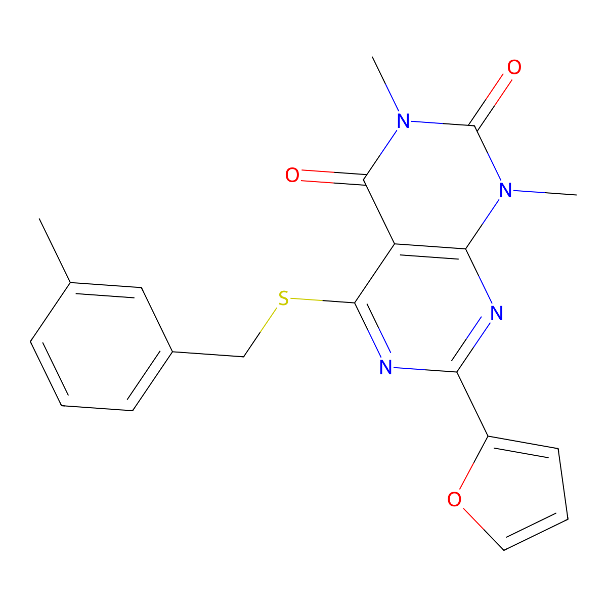 7-(furan-2-yl)-1,3-dimethyl-5-((3-methylbenzyl)thio)pyrimido[4,5-d]pyrimidine-2,4(1H,3H)-dione molecular structure, CAS 863003-77-4