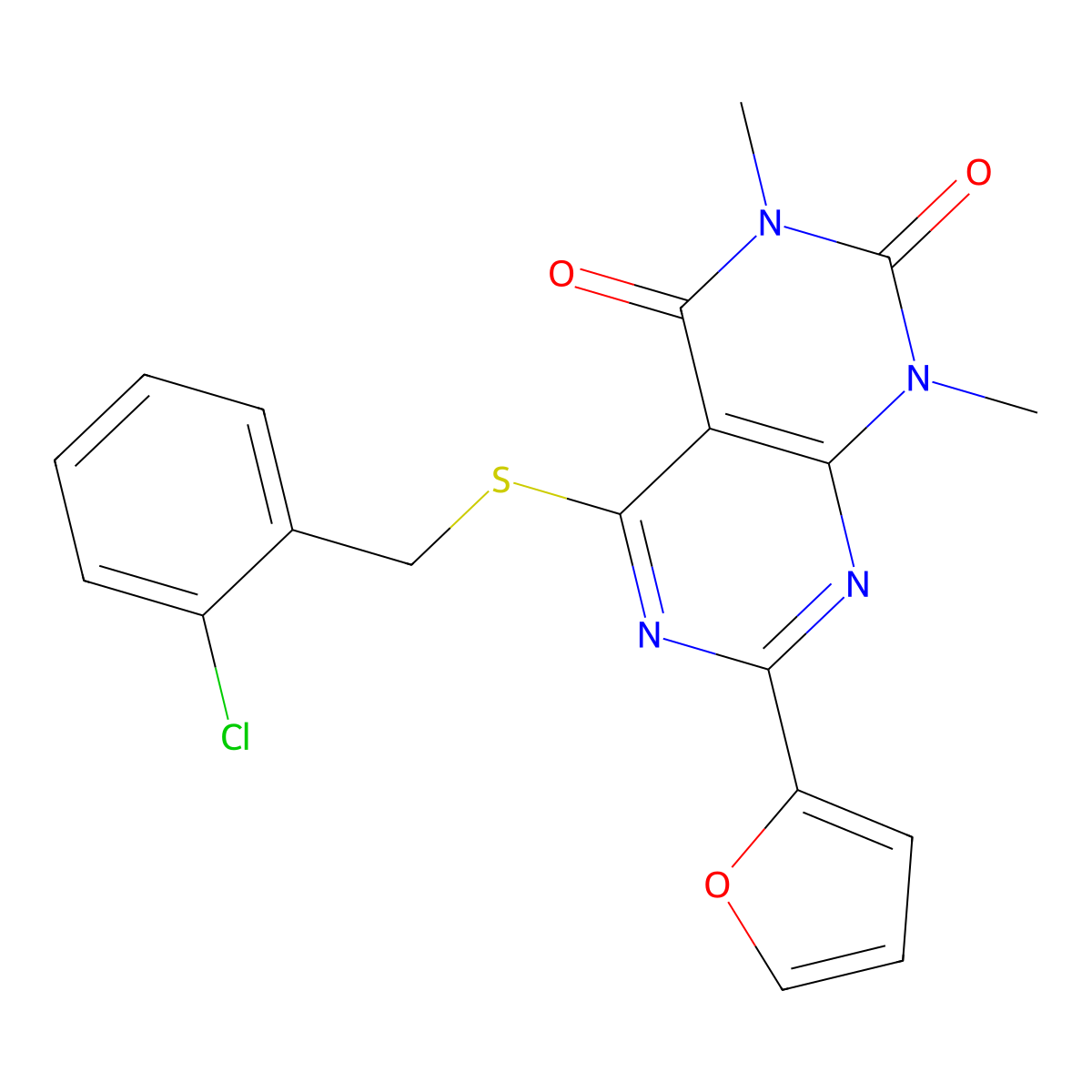 5-((2-chlorobenzyl)thio)-7-(furan-2-yl)-1,3-dimethylpyrimido[4,5-d]pyrimidine-2,4(1H,3H)-dione molecular structure, CAS 863003-78-5