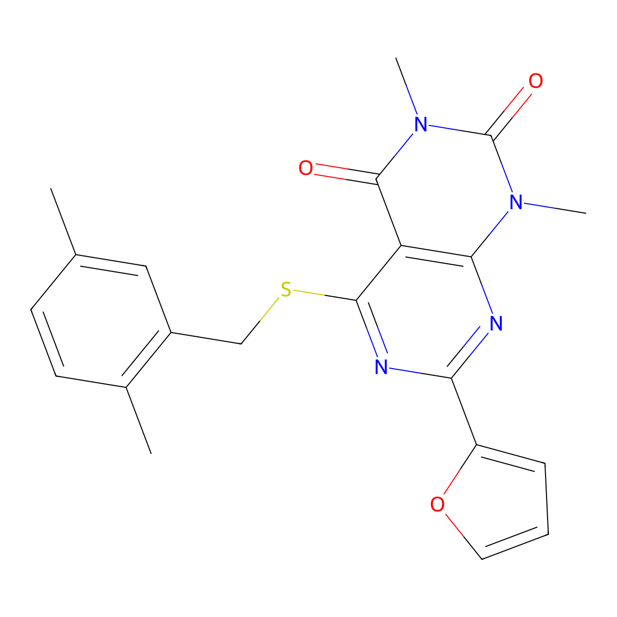 5-((2,5-dimethylbenzyl)thio)-7-(furan-2-yl)-1,3-dimethylpyrimido[4,5-d]pyrimidine-2,4(1H,3H)-dione molecular structure, CAS 863003-79-6