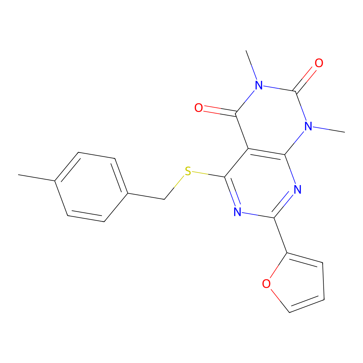 7-(furan-2-yl)-1,3-dimethyl-5-((4-methylbenzyl)thio)pyrimido[4,5-d]pyrimidine-2,4(1H,3H)-dione molecular structure, CAS 863003-80-9