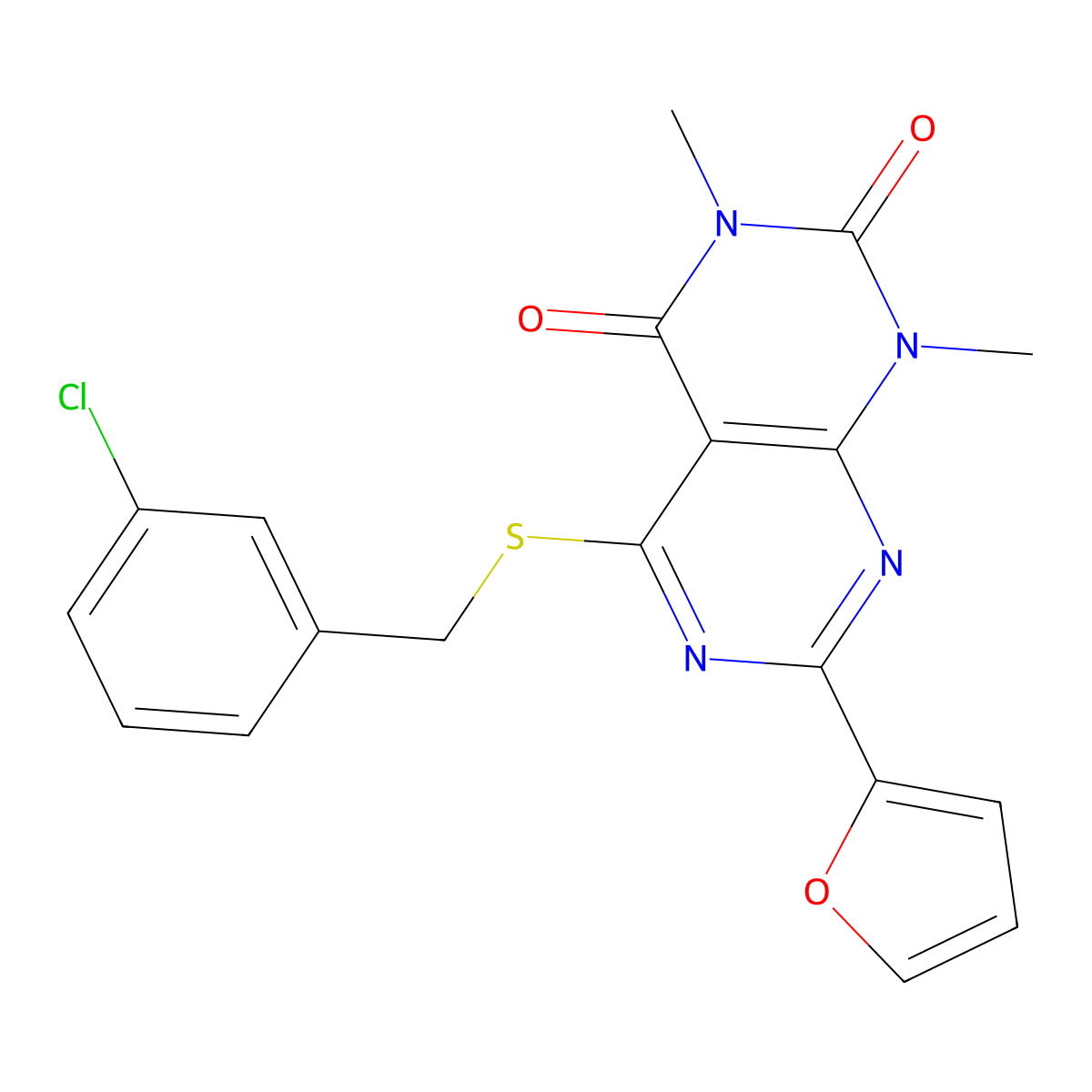 5-((3-chlorobenzyl)thio)-7-(furan-2-yl)-1,3-dimethylpyrimido[4,5-d]pyrimidine-2,4(1H,3H)-dione molecular structure, CAS 863003-81-0