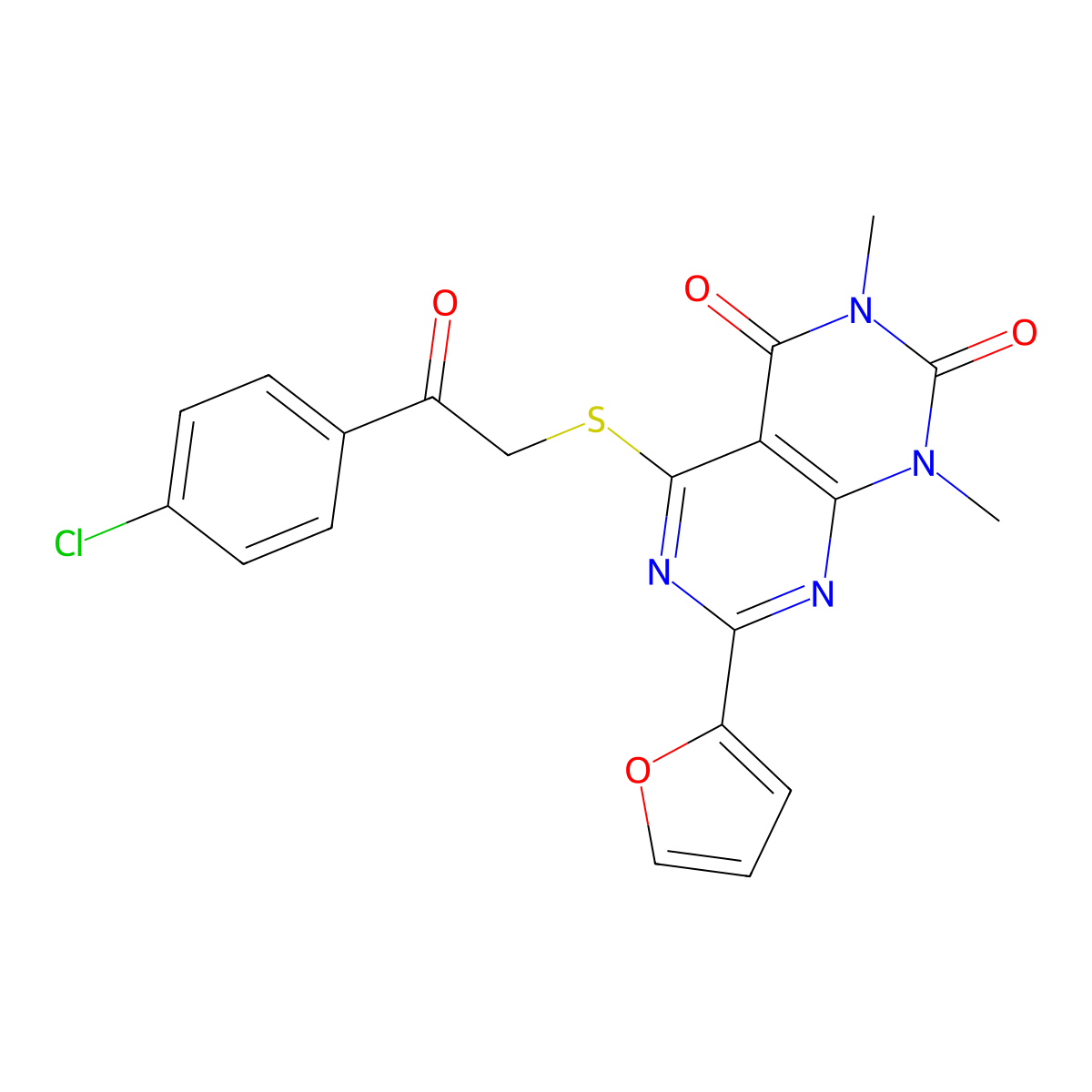5-((2-(4-chlorophenyl)-2-oxoethyl)thio)-7-(furan-2-yl)-1,3-dimethylpyrimido[4,5-d]pyrimidine-2,4(1H,3H)-dione molecular structure, CAS 863003-82-1