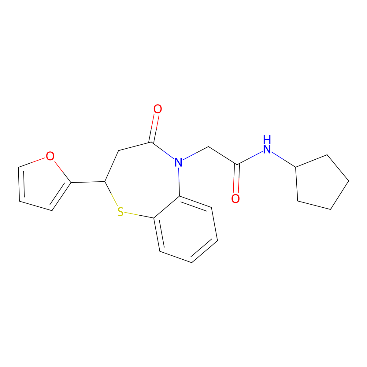 N-cyclopentyl-2-(2-(furan-2-yl)-4-oxo-3,4-dihydrobenzo[b][1,4]thiazepin-5(2H)-yl)acetamide molecular structure, CAS 863005-18-9