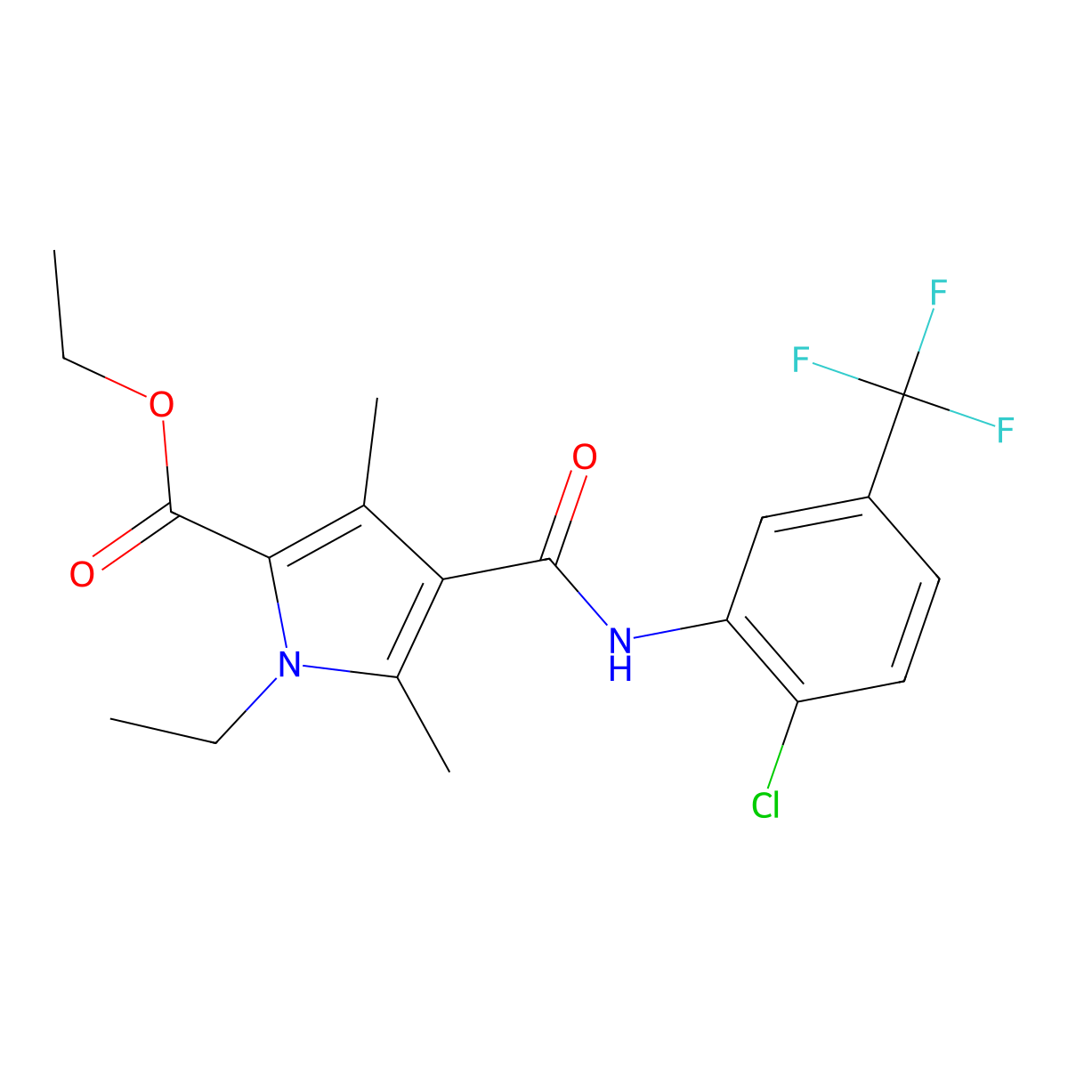 ethyl 4-((2-chloro-5-(trifluoromethyl)phenyl)carbamoyl)-1-ethyl-3,5-dimethyl-1H-pyrrole-2-carboxylate molecular structure, CAS 863007-06-1