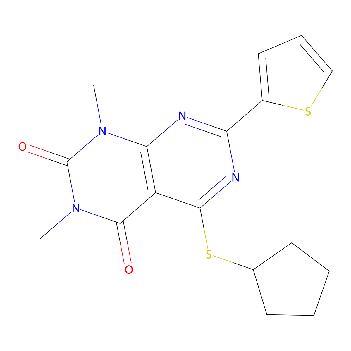 5-(cyclopentylthio)-1,3-dimethyl-7-(thiophen-2-yl)pyrimido[4,5-d]pyrimidine-2,4(1H,3H)-dione molecular structure, CAS 863017-07-6