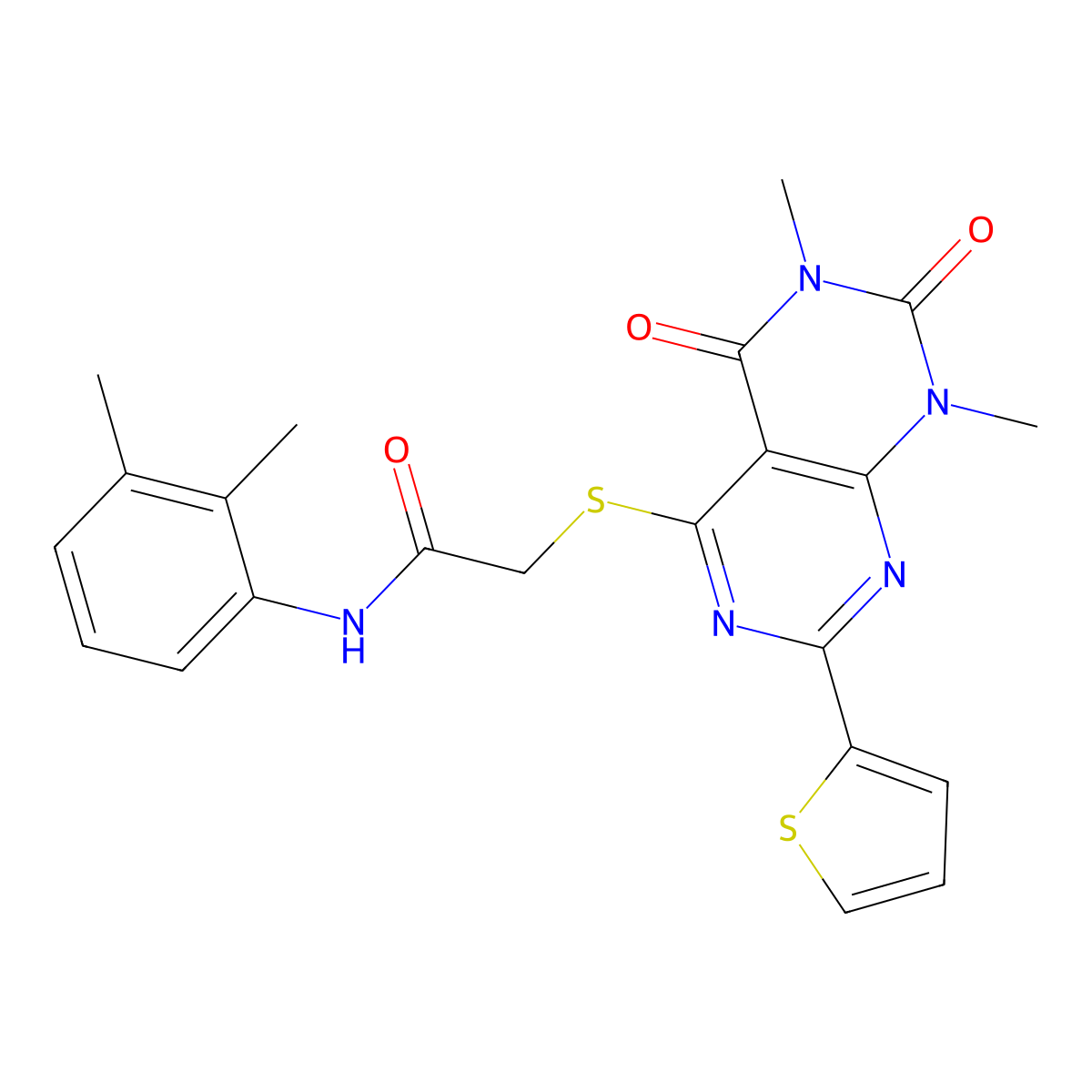 2-((6,8-dimethyl-5,7-dioxo-2-(thiophen-2-yl)-5,6,7,8-tetrahydropyrimido[4,5-d]pyrimidin-4-yl)thio)-N-(2,3-dimethylphenyl)acetamide molecular structure, CAS 863017-08-7