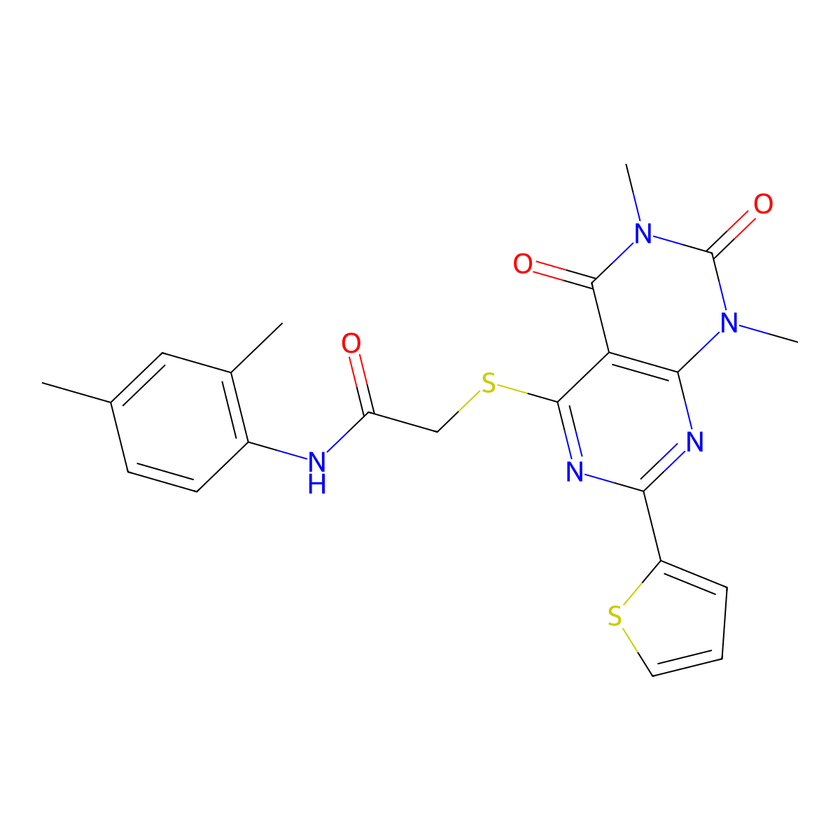 2-((6,8-dimethyl-5,7-dioxo-2-(thiophen-2-yl)-5,6,7,8-tetrahydropyrimido[4,5-d]pyrimidin-4-yl)thio)-N-(2,4-dimethylphenyl)acetamide molecular structure, CAS 863017-09-8