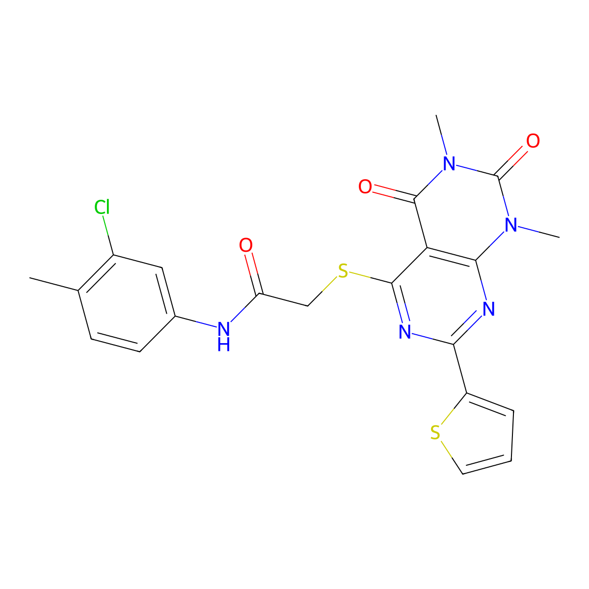 N-(3-chloro-4-methylphenyl)-2-((6,8-dimethyl-5,7-dioxo-2-(thiophen-2-yl)-5,6,7,8-tetrahydropyrimido[4,5-d]pyrimidin-4-yl)thio)acetamide molecular structure, CAS 863017-11-2
