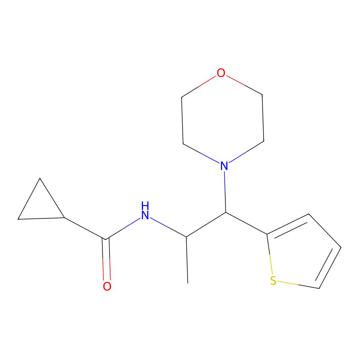 N-(1-morpholino-1-(thiophen-2-yl)propan-2-yl)cyclopropanecarboxamide molecular structure, CAS 863017-18-9