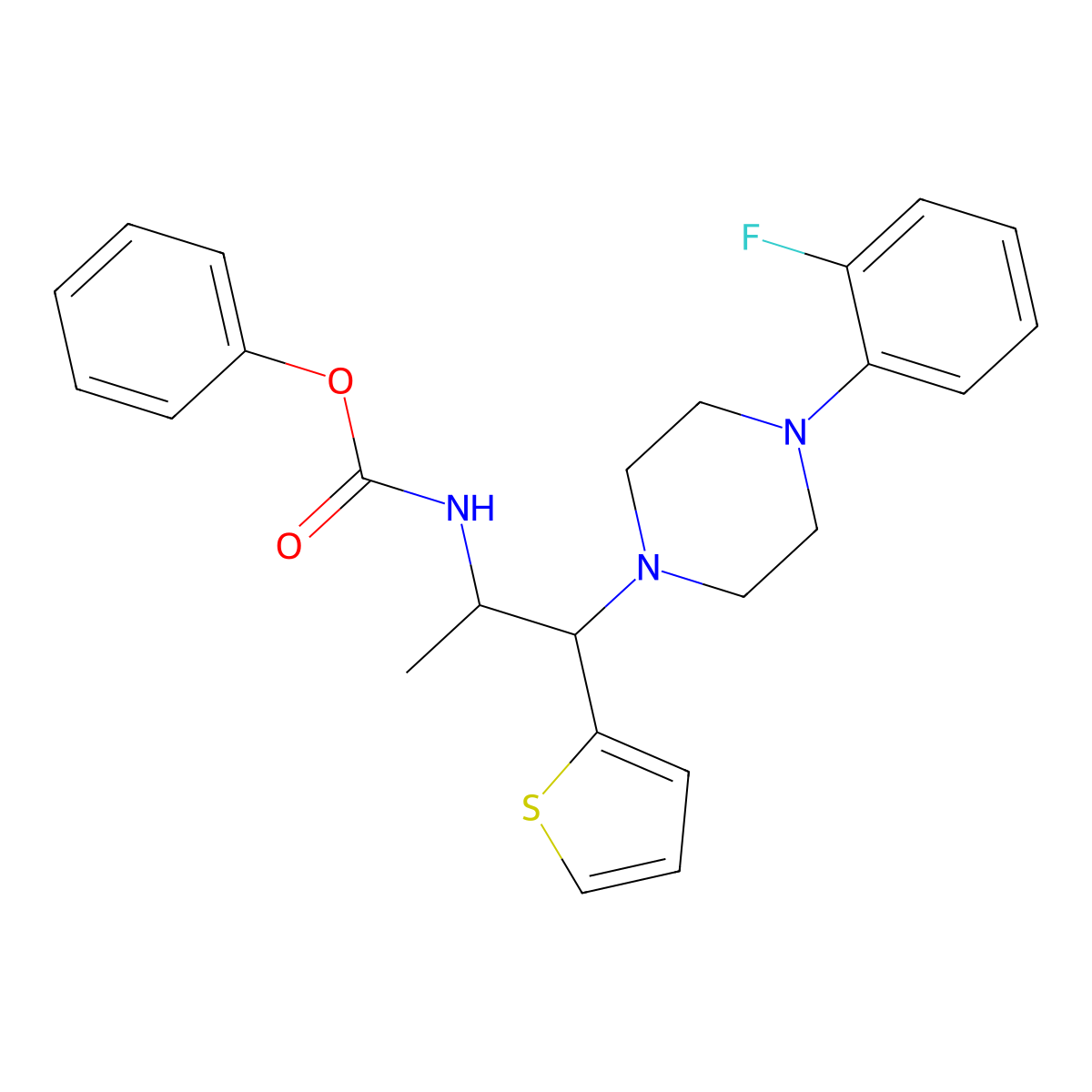 Phenyl (1-(4-(2-fluorophenyl)piperazin-1-yl)-1-(thiophen-2-yl)propan-2-yl)carbamate molecular structure, CAS 863017-38-3