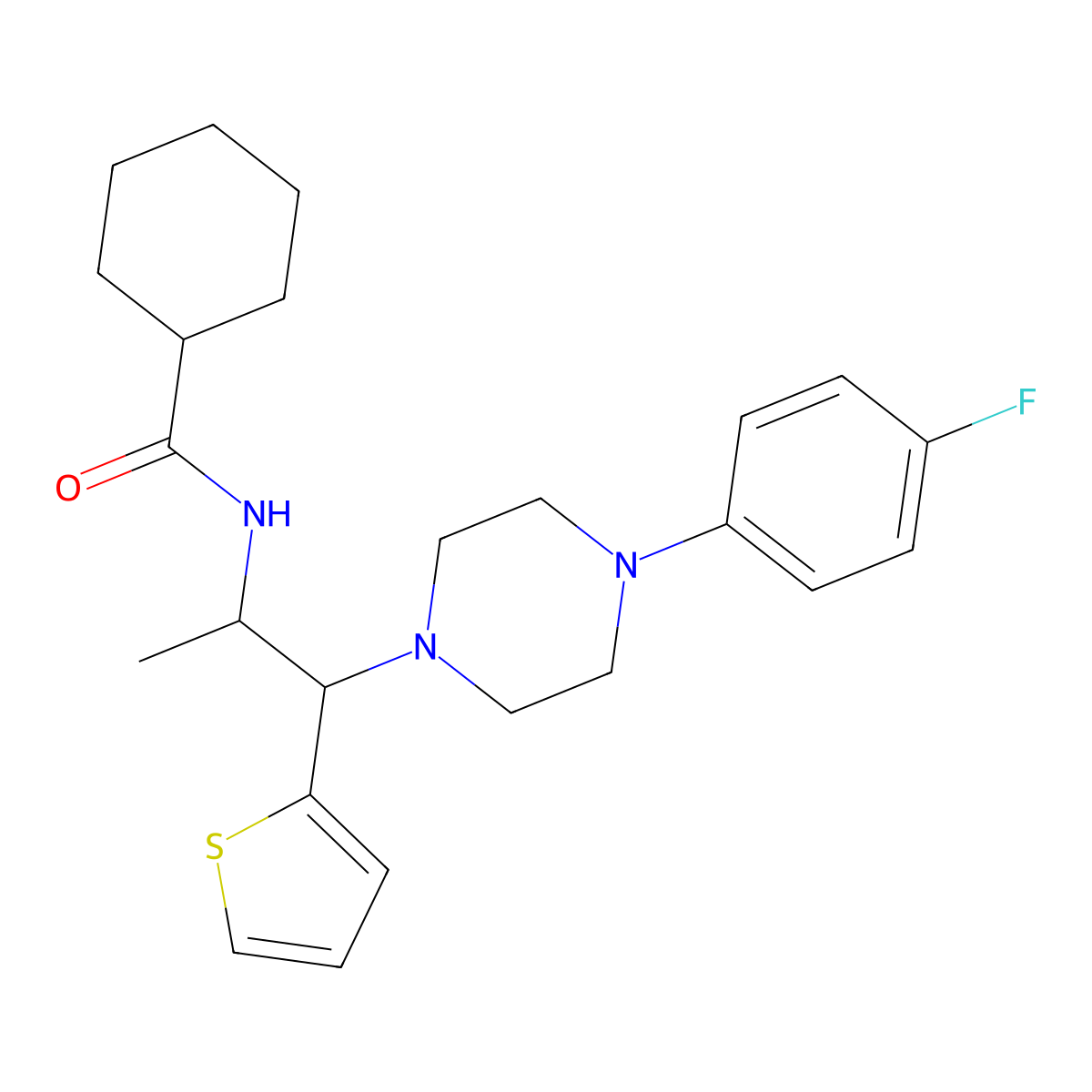 N-{1-[4-(4-fluorophenyl)piperazin-1-yl]-1-(thiophen-2-yl)propan-2-yl}cyclohexanecarboxamide molecular structure, CAS 863017-39-4