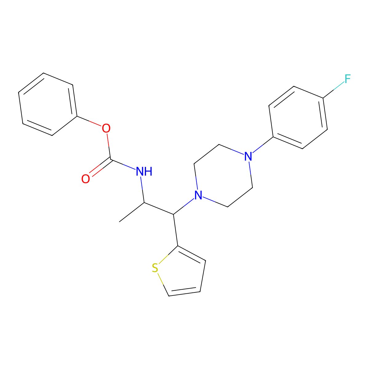 Phenyl (1-(4-(4-fluorophenyl)piperazin-1-yl)-1-(thiophen-2-yl)propan-2-yl)carbamate molecular structure, CAS 863017-40-7