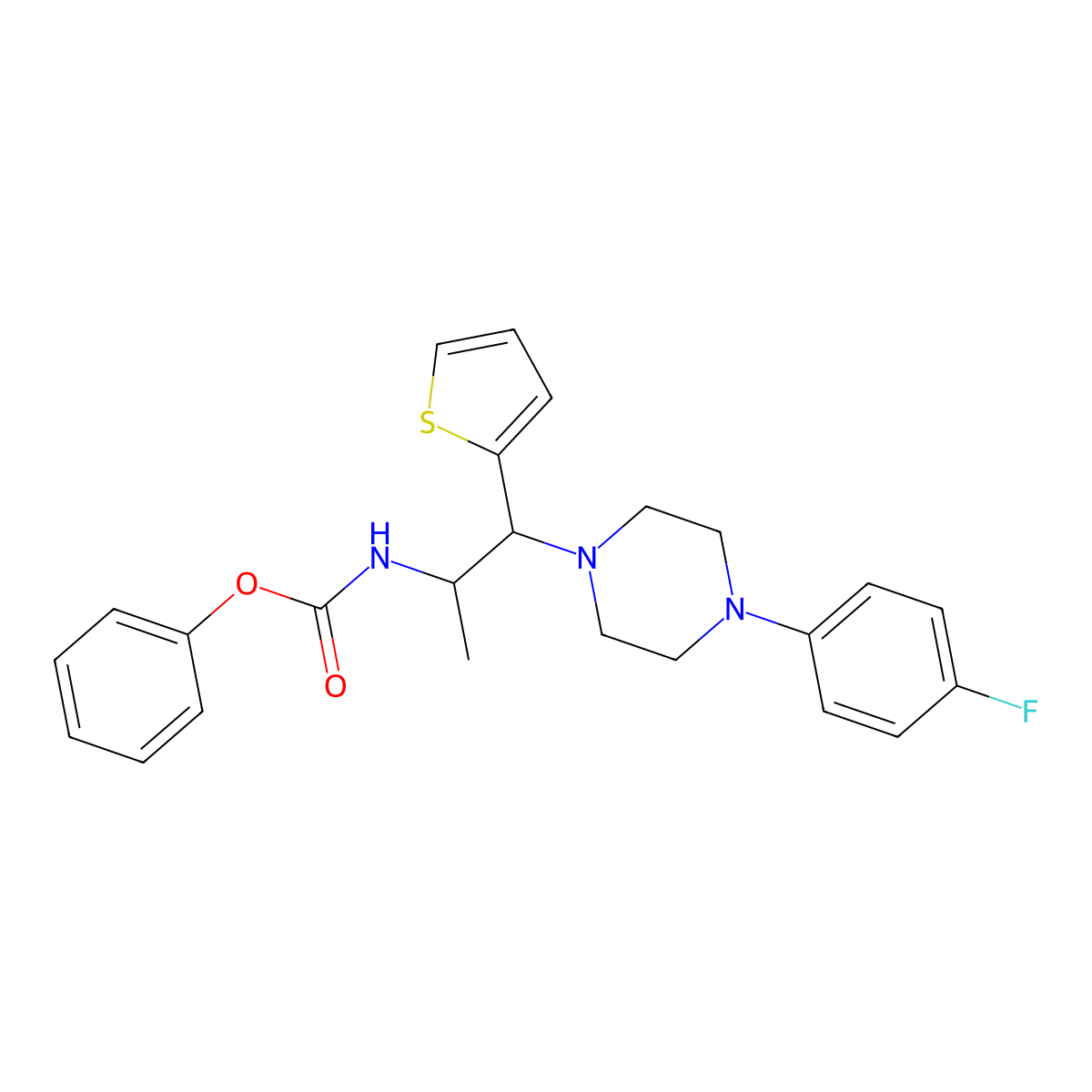 Phenyl (1-(4-(4-fluorophenyl)piperazin-1-yl)-1-(thiophen-2-yl)propan-2-yl)carbamate molecular structure, CAS 863017-40-7