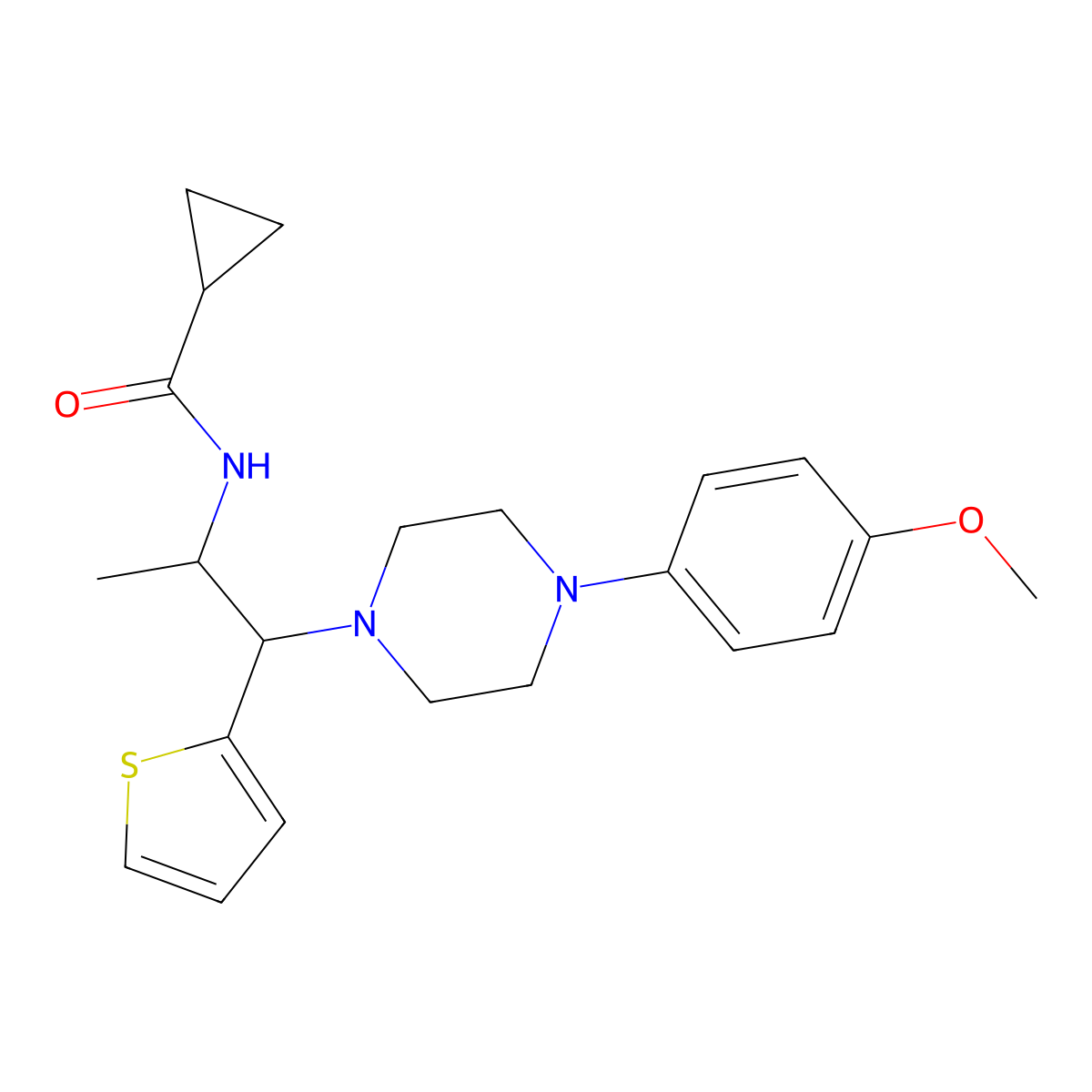N-(1-(4-(4-methoxyphenyl)piperazin-1-yl)-1-(thiophen-2-yl)propan-2-yl)cyclopropanecarboxamide molecular structure, CAS 863017-41-8
