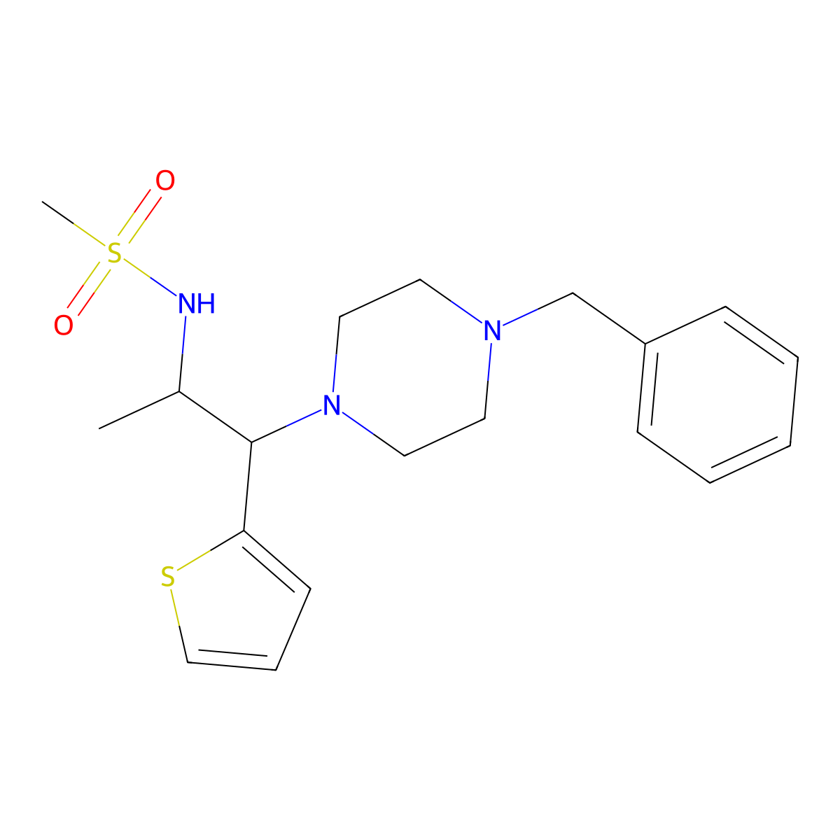 N-(1-(4-benzylpiperazin-1-yl)-1-(thiophen-2-yl)propan-2-yl)methanesulfonamide molecular structure, CAS 863017-43-0
