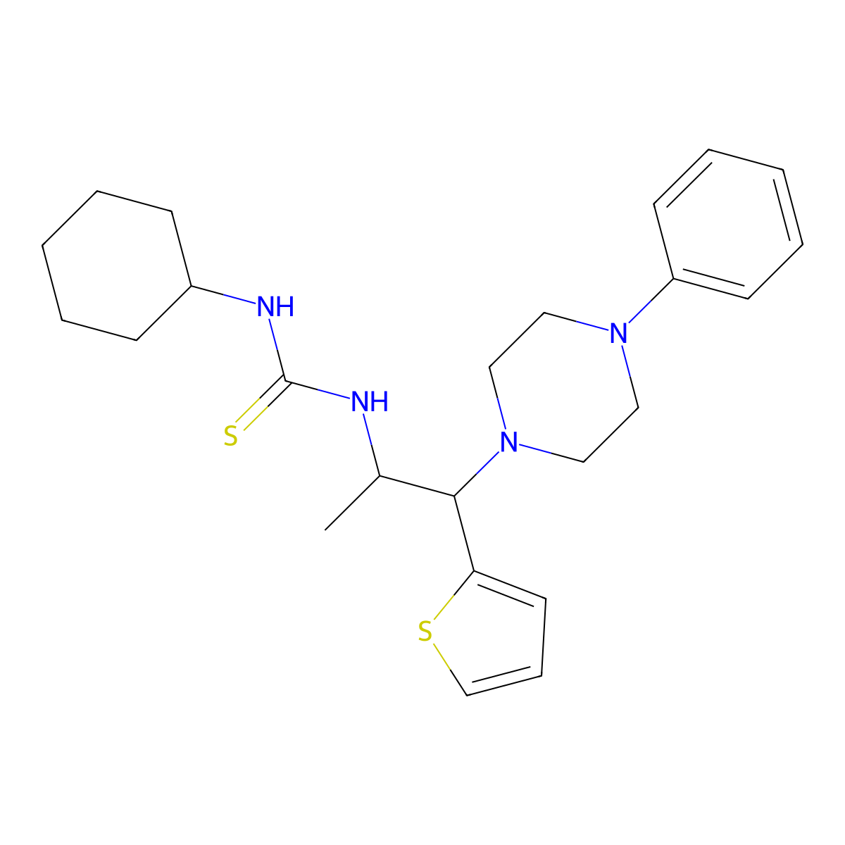 1-Cyclohexyl-3-(1-(4-phenylpiperazin-1-yl)-1-(thiophen-2-yl)propan-2-yl)thiourea molecular structure, CAS 863017-71-4