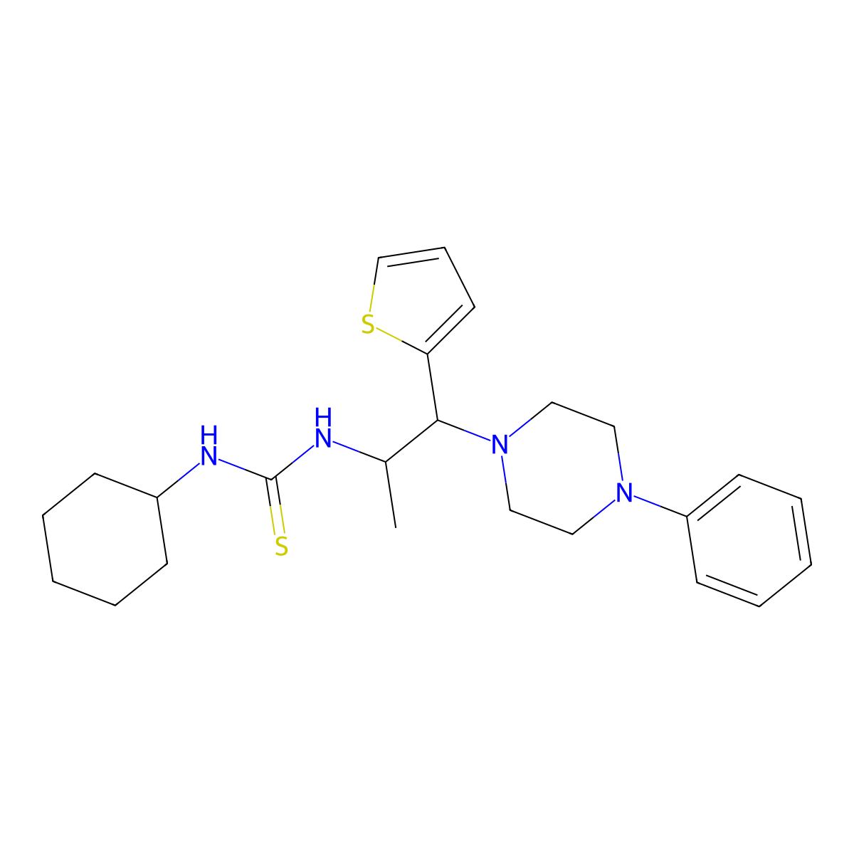 1-Cyclohexyl-3-(1-(4-phenylpiperazin-1-yl)-1-(thiophen-2-yl)propan-2-yl)thiourea molecular structure, CAS 863017-71-4