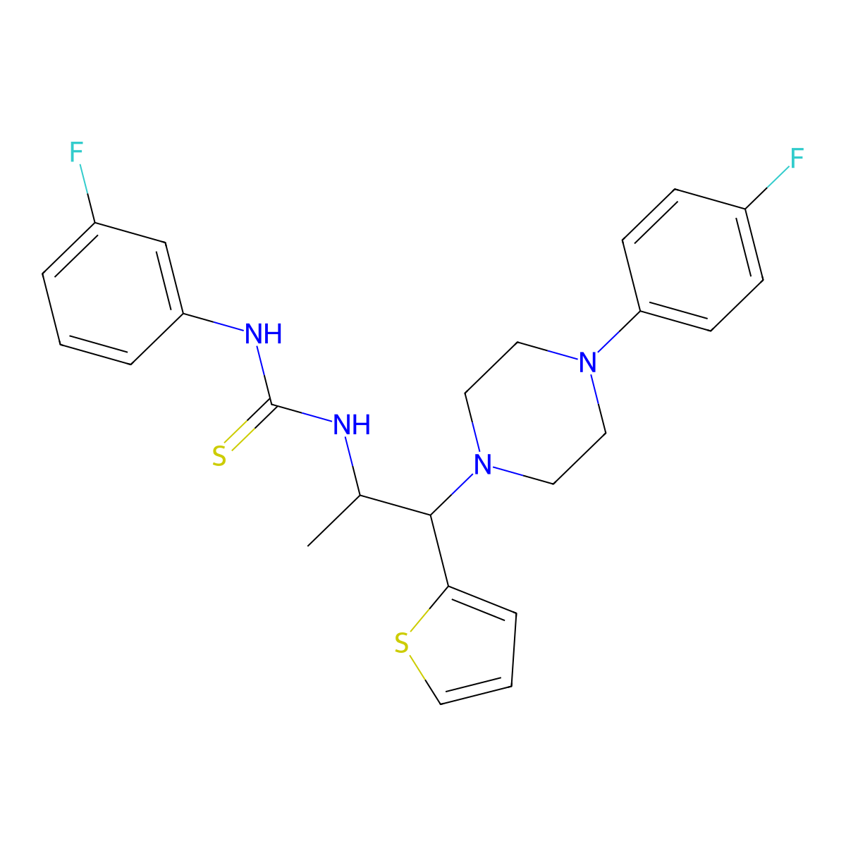 1-(3-Fluorophenyl)-3-{1-[4-(4-fluorophenyl)piperazin-1-yl]-1-(thiophen-2-yl)propan-2-yl}thiourea molecular structure, CAS 863017-92-9