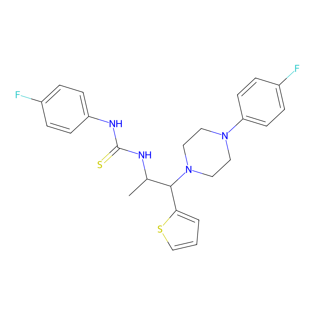 1-(4-Fluorophenyl)-3-{1-[4-(4-fluorophenyl)piperazin-1-yl]-1-(thiophen-2-yl)propan-2-yl}thiourea molecular structure, CAS 863017-93-0