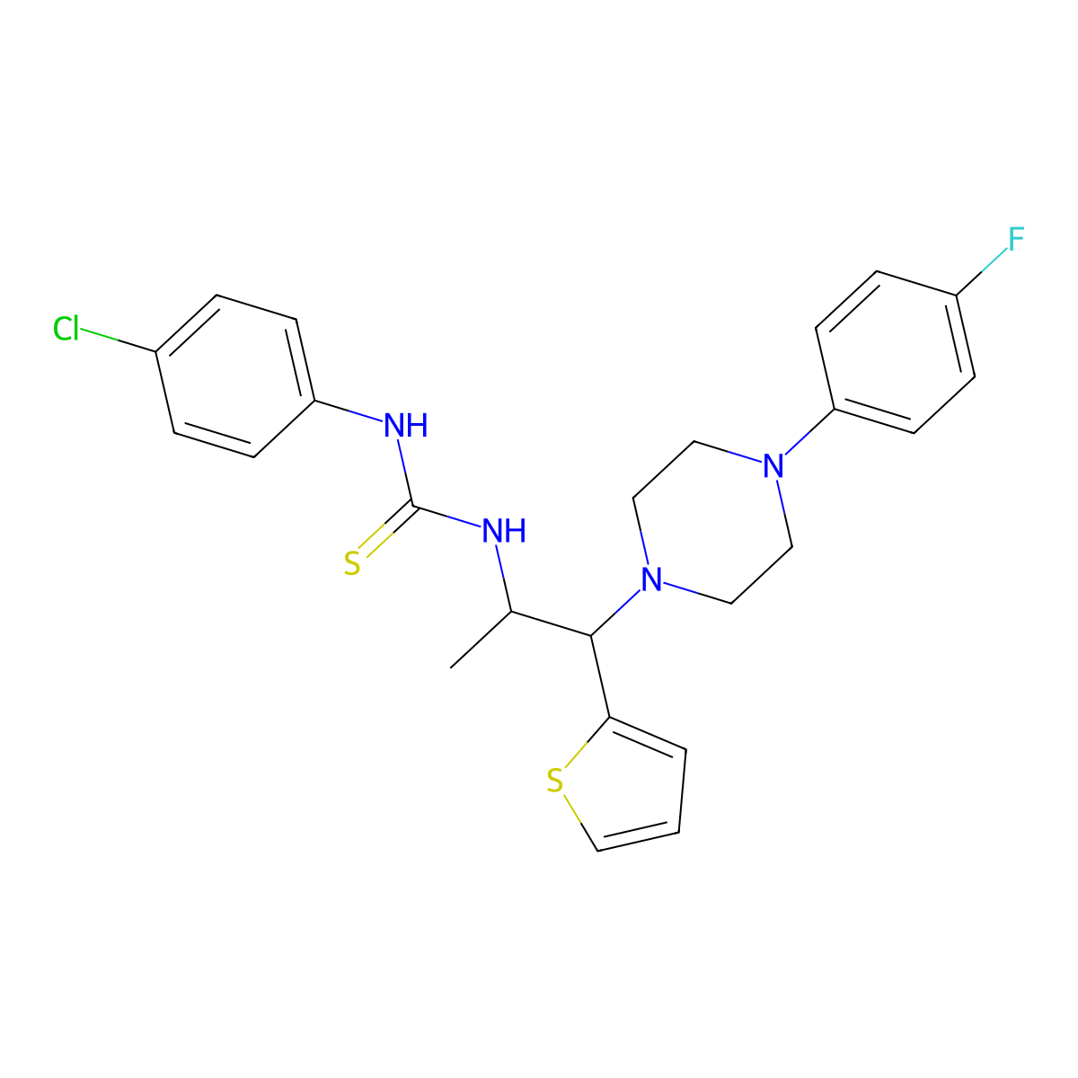 1-(4-Chlorophenyl)-3-(1-(4-(4-fluorophenyl)piperazin-1-yl)-1-(thiophen-2-yl)propan-2-yl)thiourea molecular structure, CAS 863017-95-2