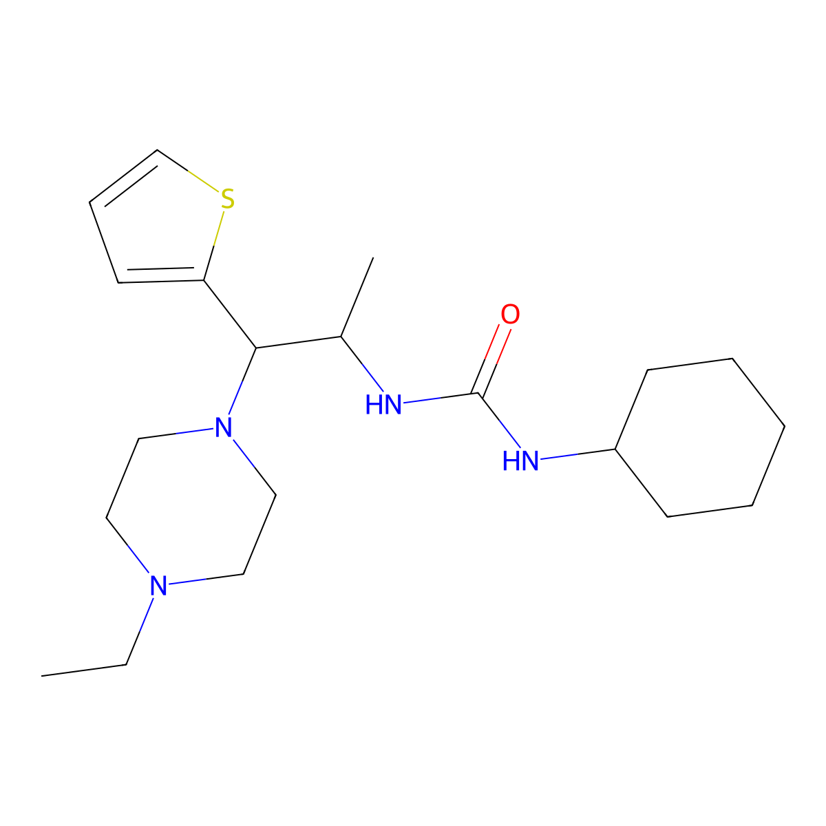 1-Cyclohexyl-3-(1-(4-ethylpiperazin-1-yl)-1-(thiophen-2-yl)propan-2-yl)urea molecular structure, CAS 863018-06-8