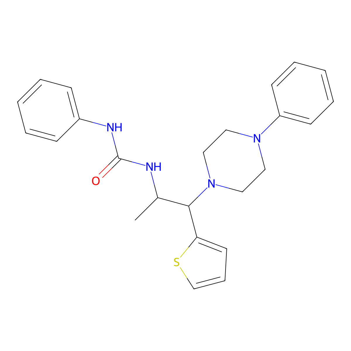 1-Phenyl-3-(1-(4-phenylpiperazin-1-yl)-1-(thiophen-2-yl)propan-2-yl)urea molecular structure, CAS 863018-08-0