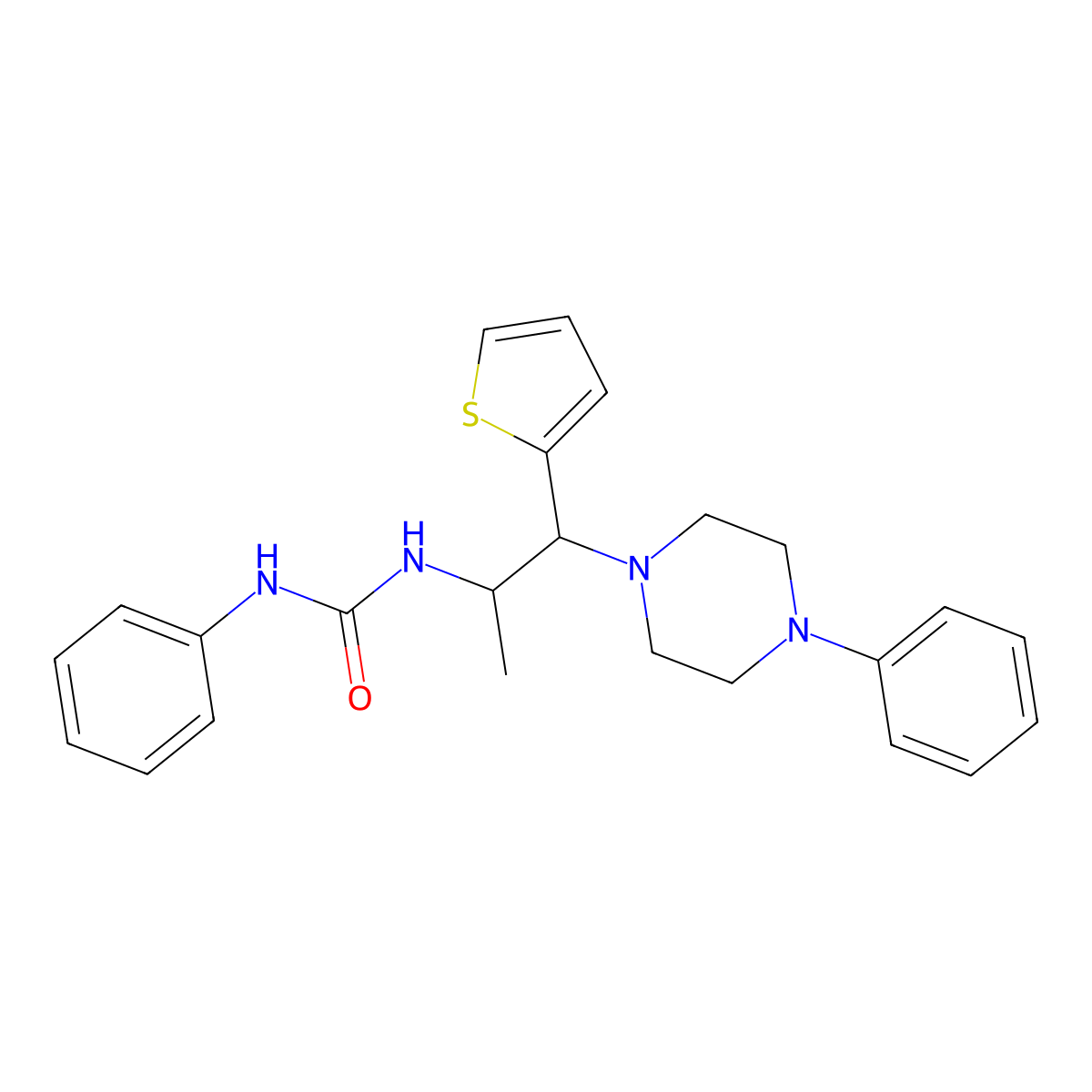 1-Phenyl-3-(1-(4-phenylpiperazin-1-yl)-1-(thiophen-2-yl)propan-2-yl)urea molecular structure, CAS 863018-08-0