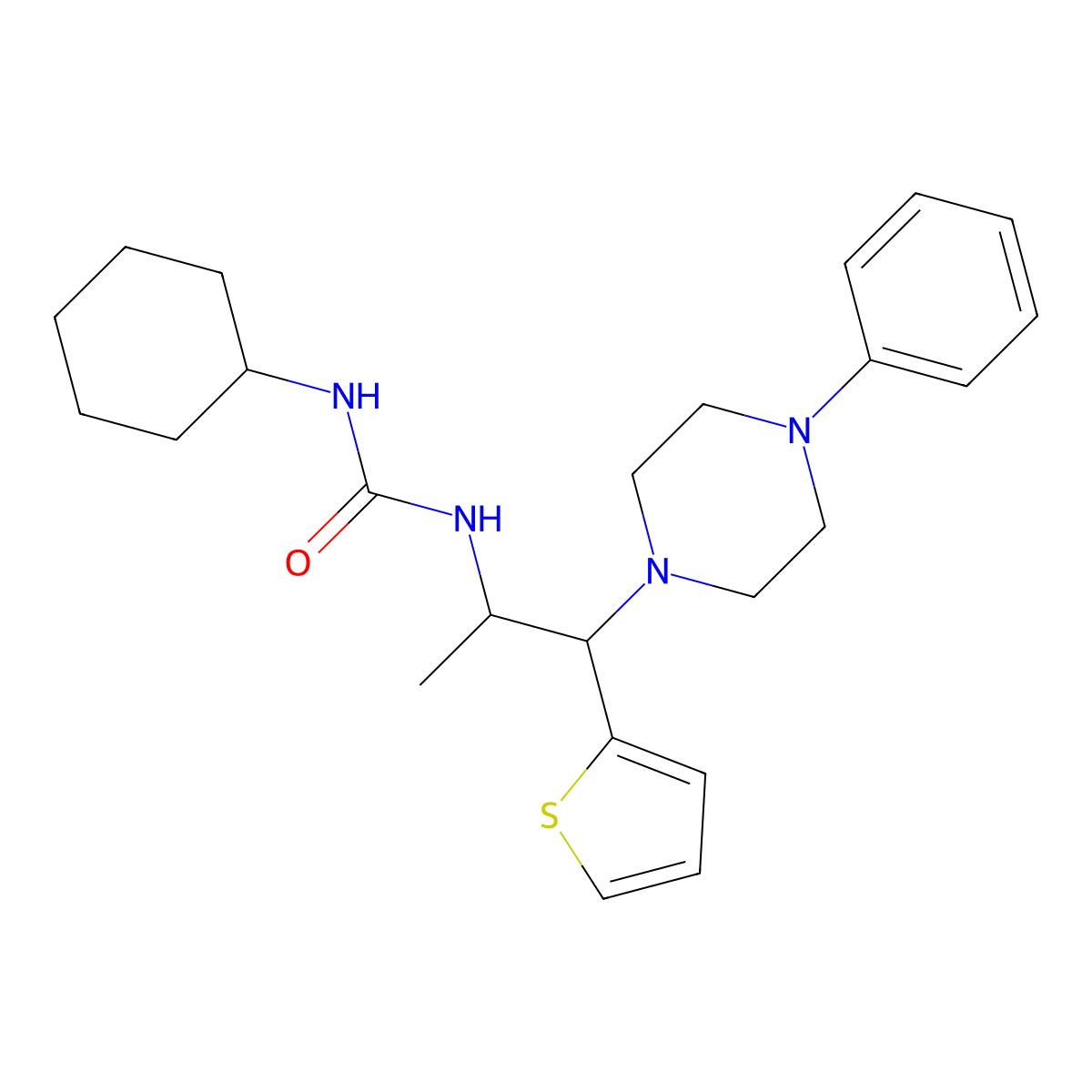 1-Cyclohexyl-3-(1-(4-phenylpiperazin-1-yl)-1-(thiophen-2-yl)propan-2-yl)urea molecular structure, CAS 863018-09-1
