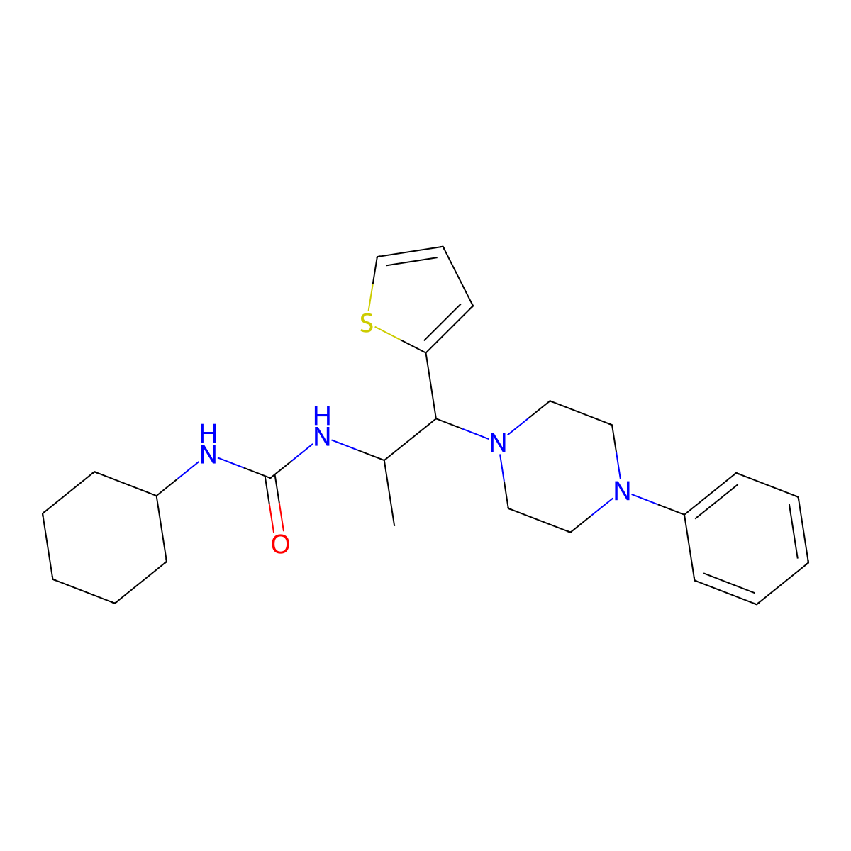 1-Cyclohexyl-3-(1-(4-phenylpiperazin-1-yl)-1-(thiophen-2-yl)propan-2-yl)urea molecular structure, CAS 863018-09-1