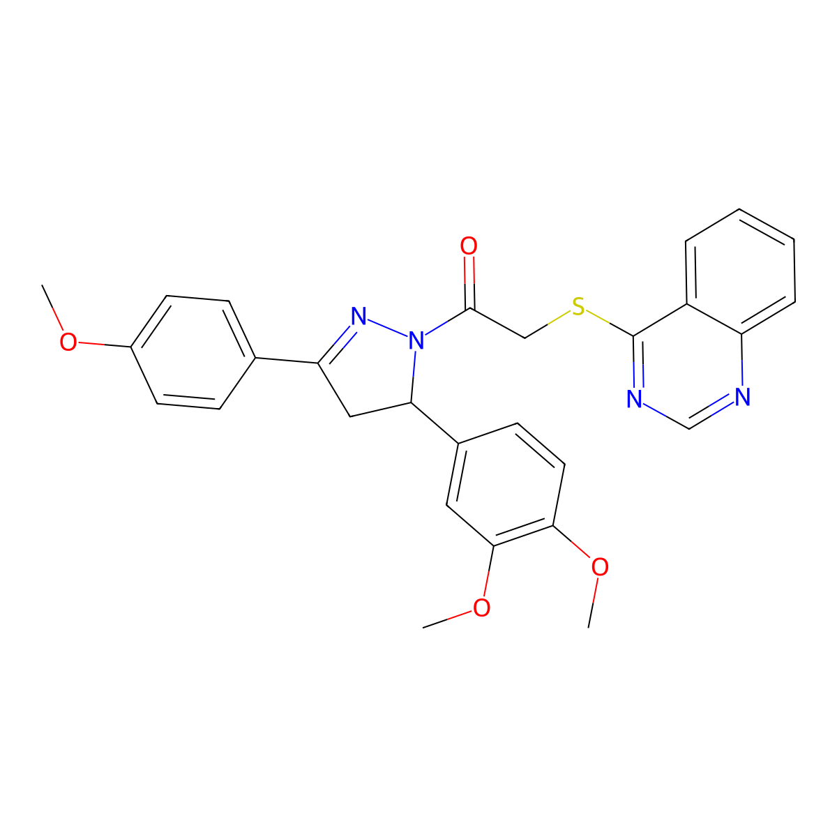 1-(5-(3,4-dimethoxyphenyl)-3-(4-methoxyphenyl)-4,5-dihydro-1H-pyrazol-1-yl)-2-(quinazolin-4-ylthio)ethanone molecular structure, CAS 863020-47-7