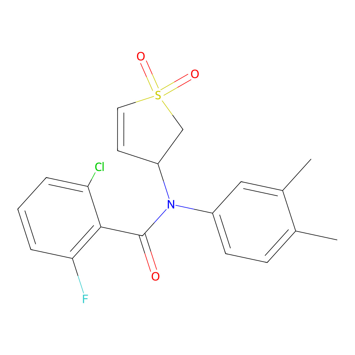 2-chloro-N-(3,4-dimethylphenyl)-N-(1,1-dioxido-2,3-dihydrothiophen-3-yl)-6-fluorobenzamide molecular structure, CAS 863021-96-9