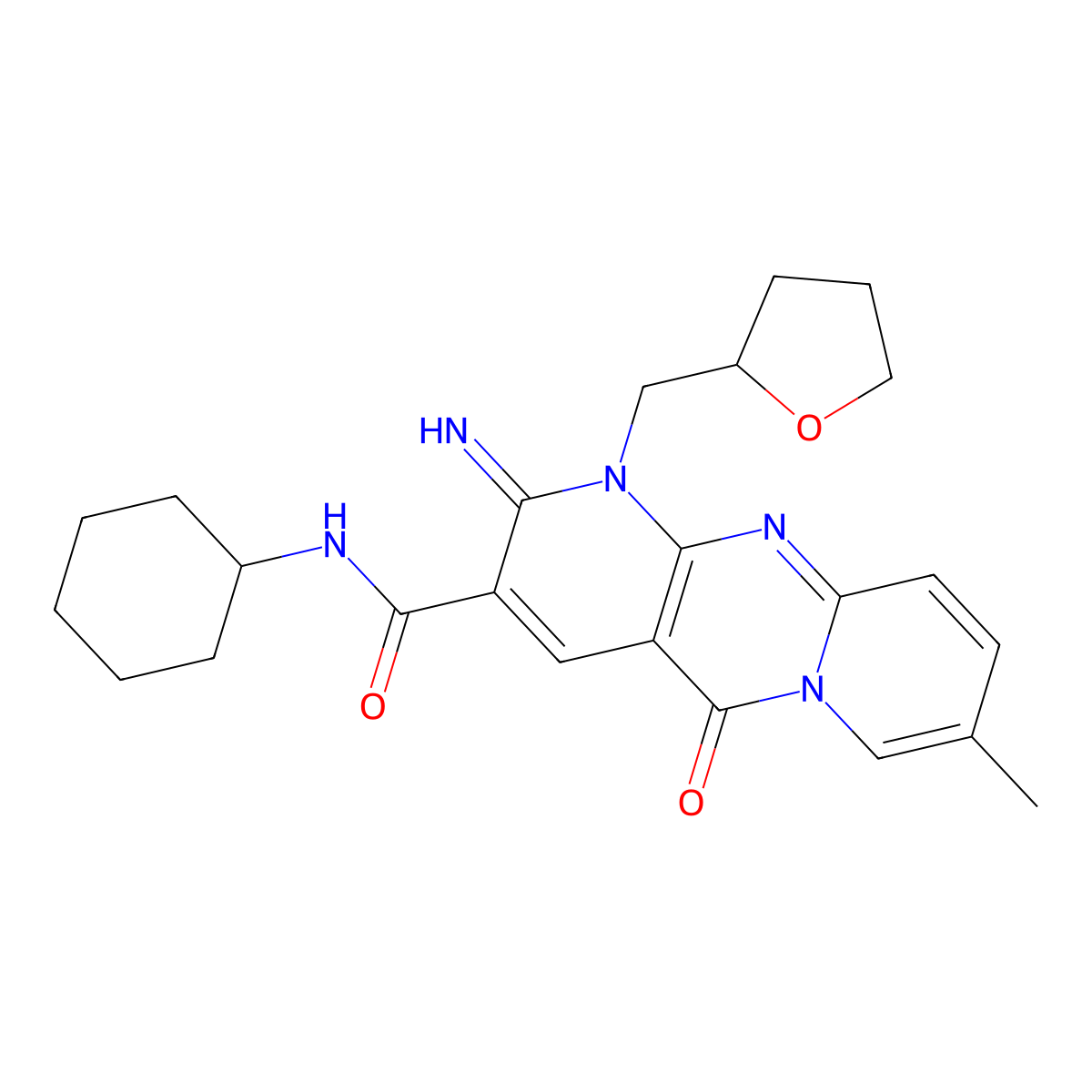 N-cyclohexyl-2-imino-8-methyl-5-oxo-1-(tetrahydrofuran-2-ylmethyl)-1,5-dihydro-2H-dipyrido[1,2-a:2',3'-d]pyrimidine-3-carboxamide molecular structure, CAS 863121-94-2