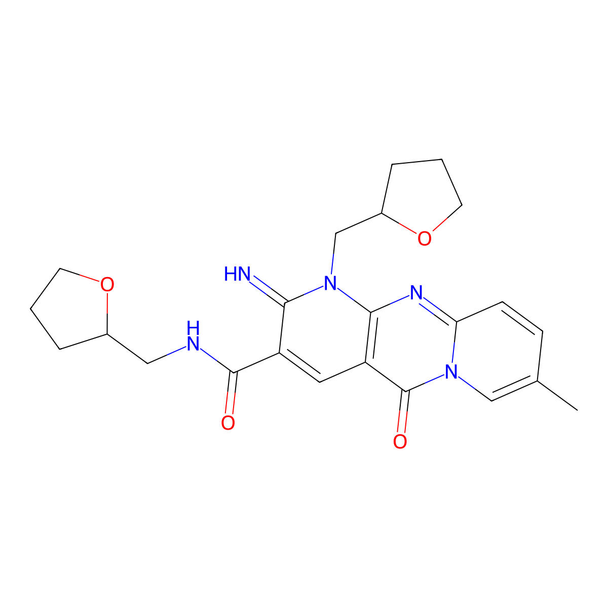 2-imino-8-methyl-5-oxo-N,1-bis(tetrahydrofuran-2-ylmethyl)-1,5-dihydro-2H-dipyrido[1,2-a:2',3'-d]pyrimidine-3-carboxamide molecular structure, CAS 863131-69-5