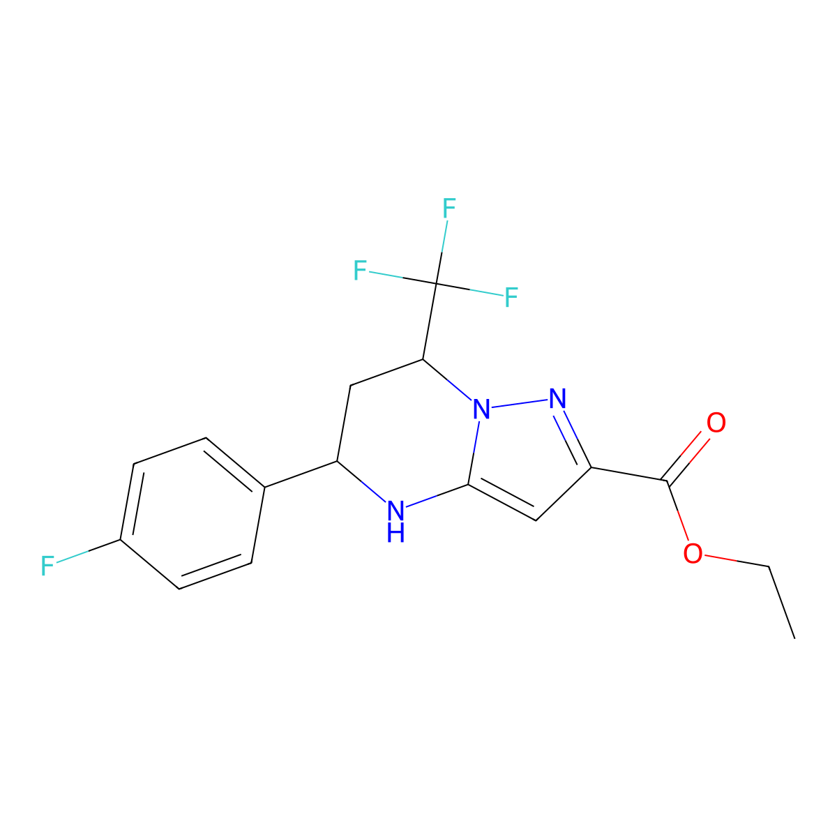 Ethyl 5-(4-fluorophenyl)-7-(trifluoromethyl)-4,5,6,7-tetrahydropyrazolo[1,5-a]pyrimidine-2-carboxylate molecular structure, CAS 863186-47-4