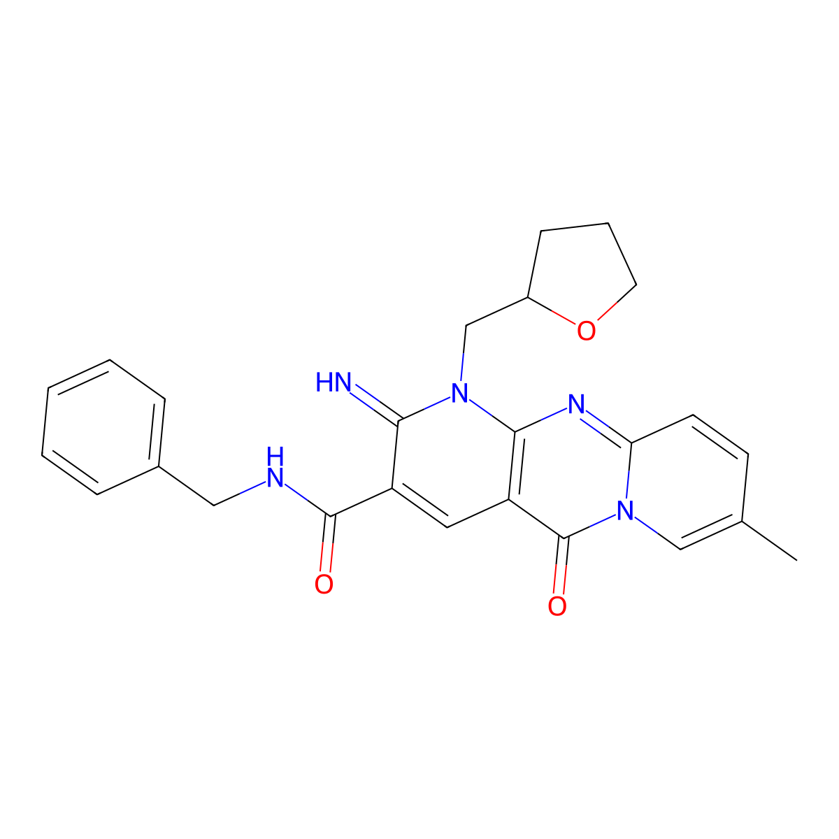 N-benzyl-2-imino-8-methyl-5-oxo-1-(tetrahydrofuran-2-ylmethyl)-1,5-dihydro-2H-dipyrido[1,2-a:2',3'-d]pyrimidine-3-carboxamide molecular structure, CAS 863220-55-7