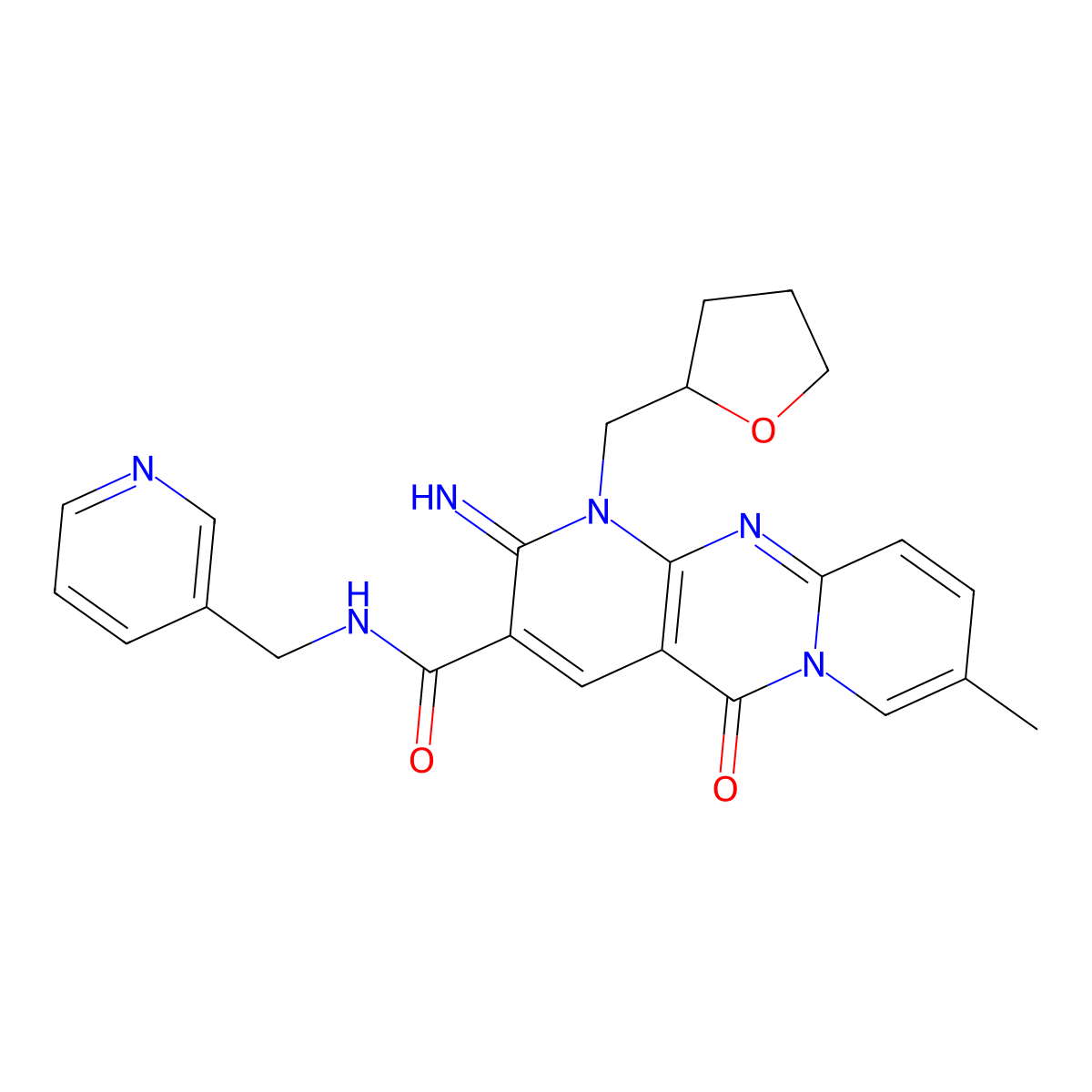 2-imino-8-methyl-5-oxo-N-(pyridin-3-ylmethyl)-1-(tetrahydrofuran-2-ylmethyl)-1,5-dihydro-2H-dipyrido[1,2-a:2',3'-d]pyrimidine-3-carboxamide molecular structure, CAS 863231-05-4