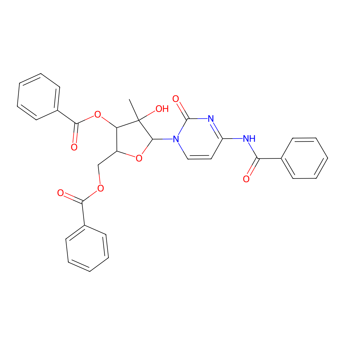 (2R,3R,4R,5R)-5-(4-benzamido-2-oxopyrimidin-1(2H)-yl)-2-((benzoyloxy)methyl)-4-hydroxy-4-methyltetrahydrofuran-3-yl benzoate molecular structure, CAS 863329-64-0