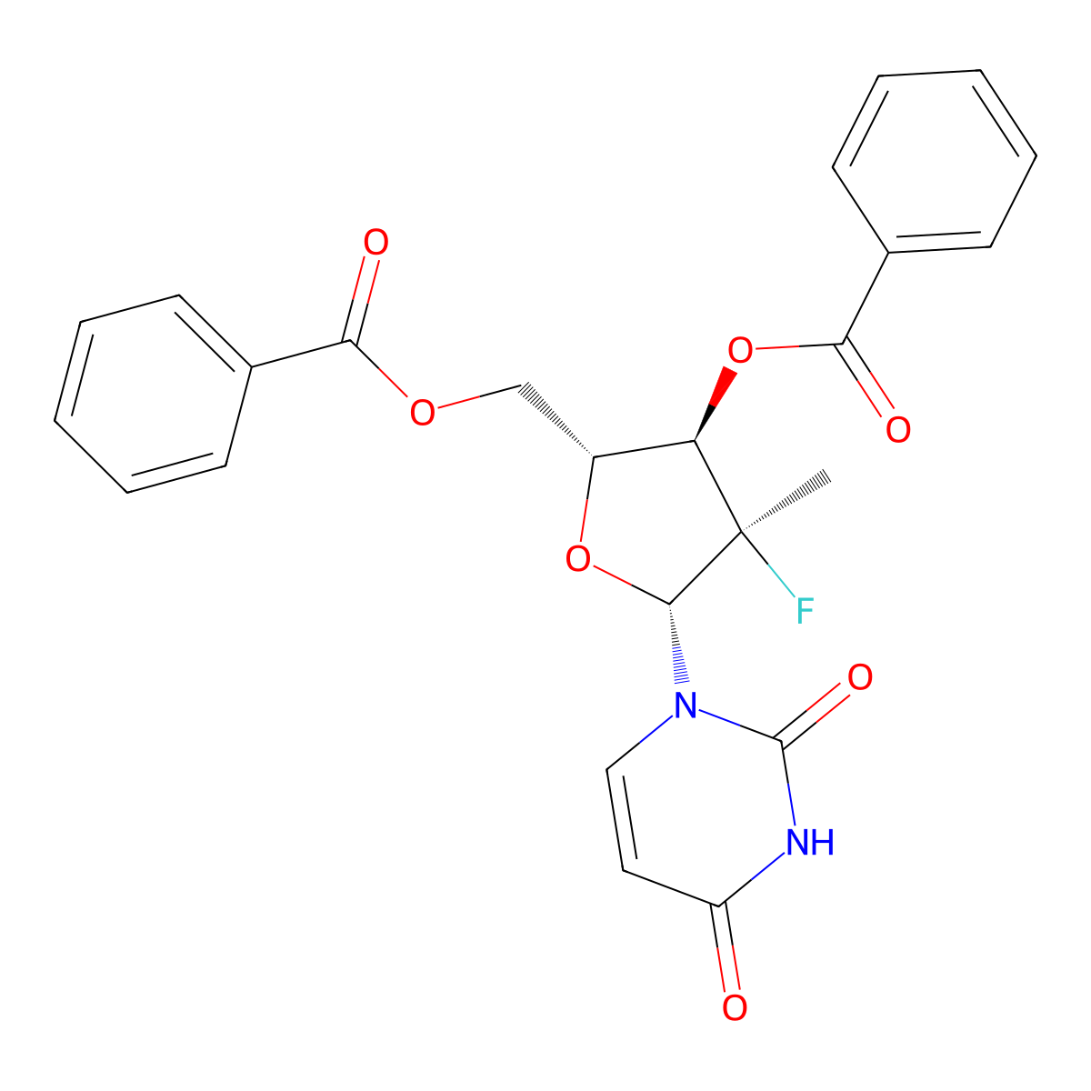 Uridine, 2'-deoxy-2'-fluoro-2'-methyl-, 3',5'-dibenzoate, (2'R)- molecular structure, CAS 863329-65-1