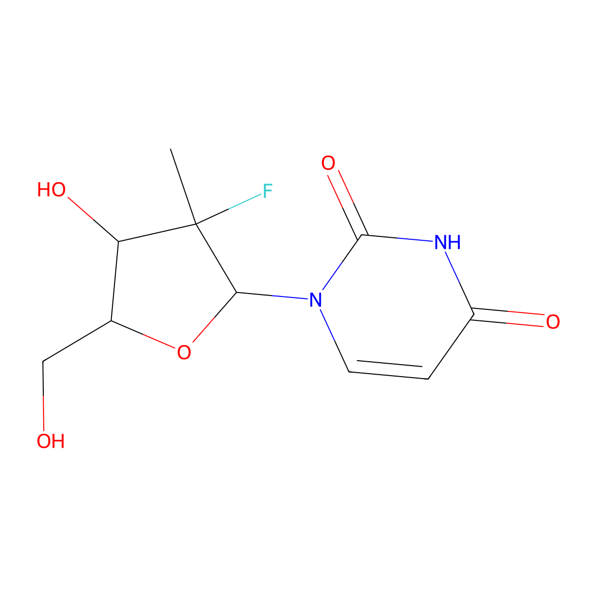 (2'R)-2'-Deoxy-2'-fluoro-2'-methyluridine molecular structure, CAS 863329-66-2