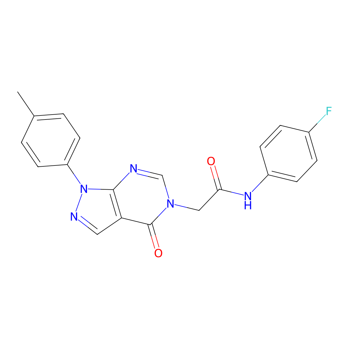 N-(4-fluorophenyl)-2-[1-(4-methylphenyl)-4-oxopyrazolo[3,4-d]pyrimidin-5-yl]acetamide molecular structure, CAS 863446-42-8