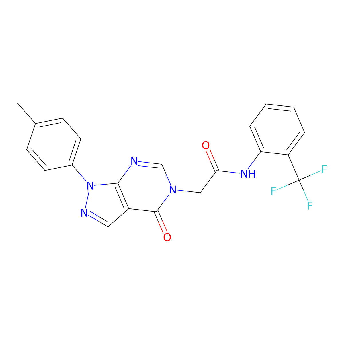 2-(4-oxo-1-(p-tolyl)-1H-pyrazolo[3,4-d]pyrimidin-5(4H)-yl)-N-(2-(trifluoromethyl)phenyl)acetamide molecular structure, CAS 863446-68-8