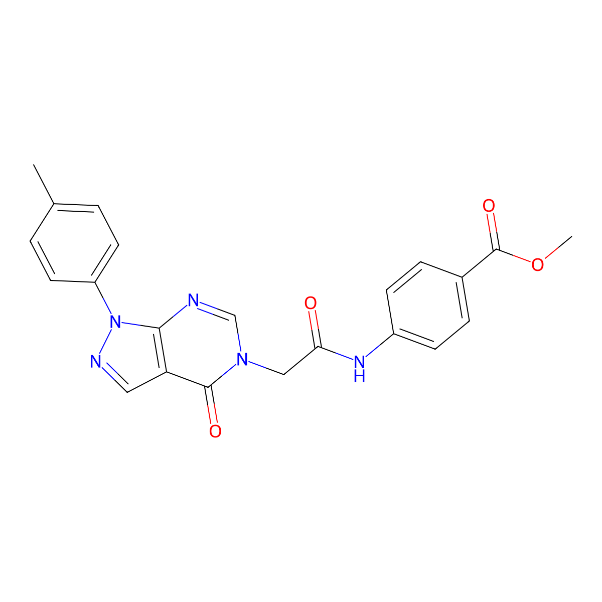Methyl 4-[[2-[1-(4-methylphenyl)-4-oxopyrazolo[3,4-d]pyrimidin-5-yl]acetyl]amino]benzoate molecular structure, CAS 863446-74-6