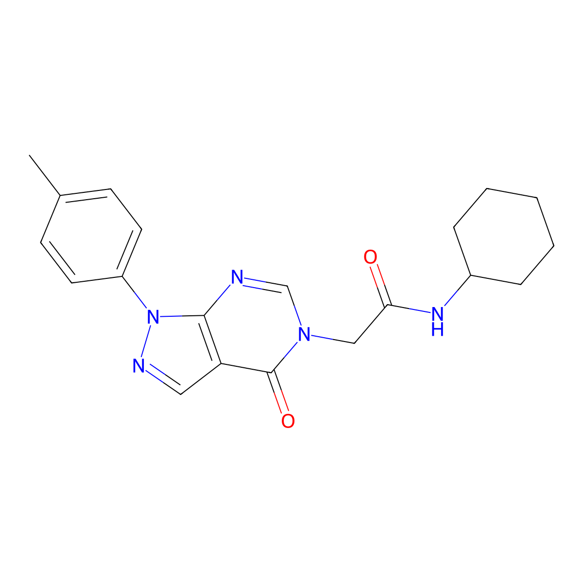 N-cyclohexyl-2-(4-oxo-1-(p-tolyl)-1H-pyrazolo[3,4-d]pyrimidin-5(4H)-yl)acetamide molecular structure, CAS 863446-78-0