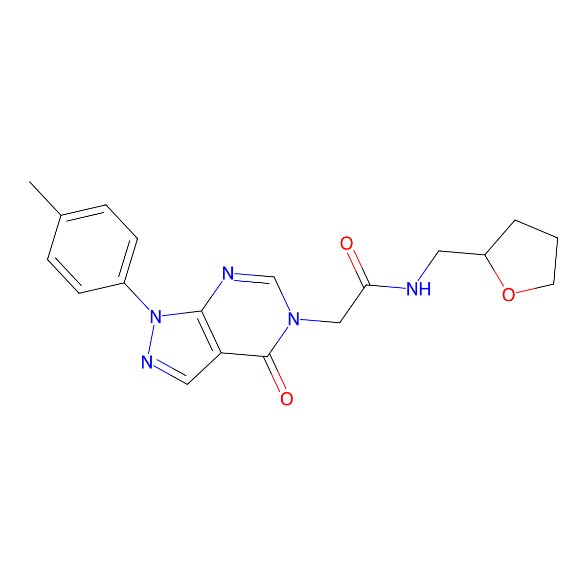 2-[1-(4-methylphenyl)-4-oxopyrazolo[3,4-d]pyrimidin-5-yl]-N-(oxolan-2-ylmethyl)acetamide molecular structure, CAS 863446-83-7