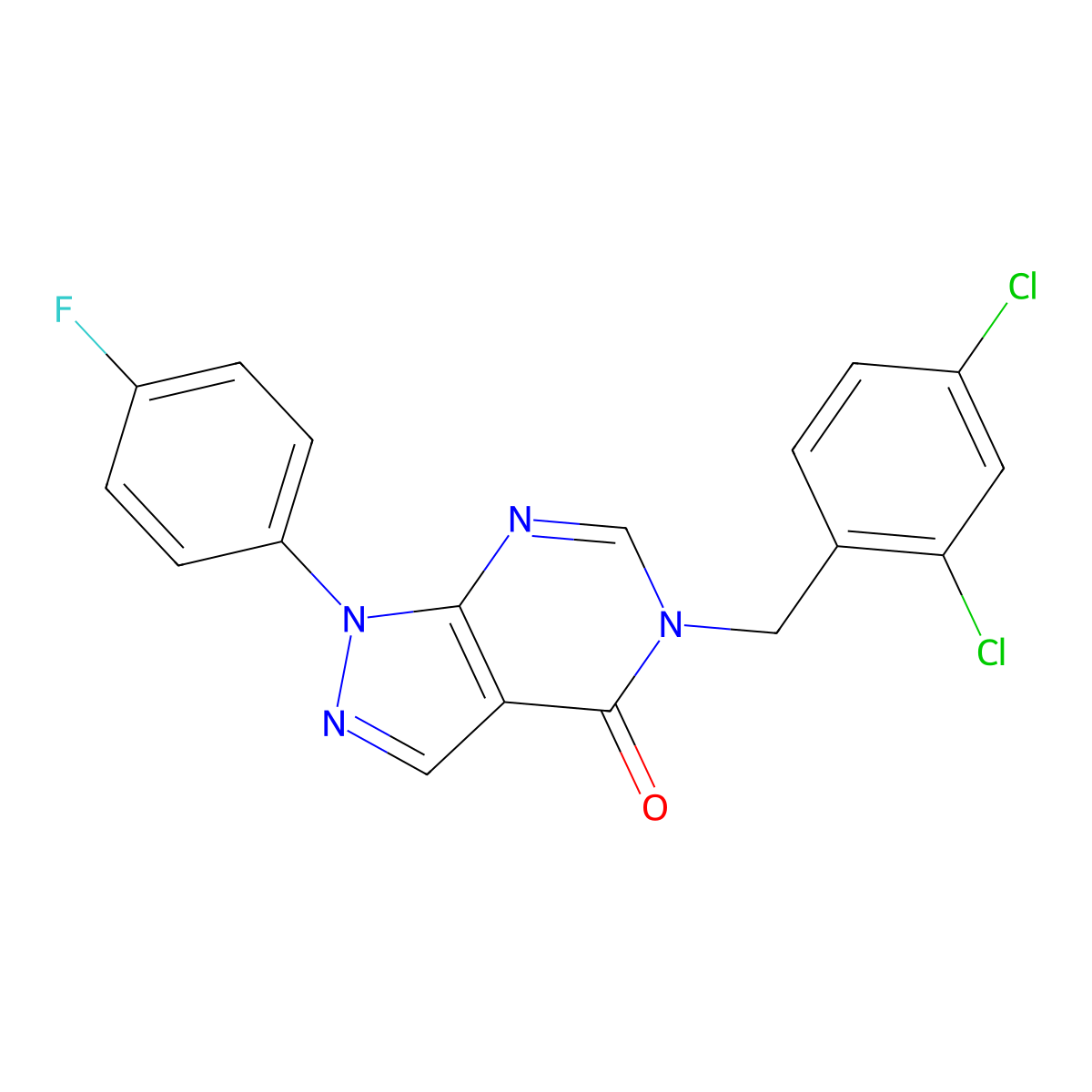 5-(2,4-dichlorobenzyl)-1-(4-fluorophenyl)-1H-pyrazolo[3,4-d]pyrimidin-4(5H)-one molecular structure, CAS 863446-97-3