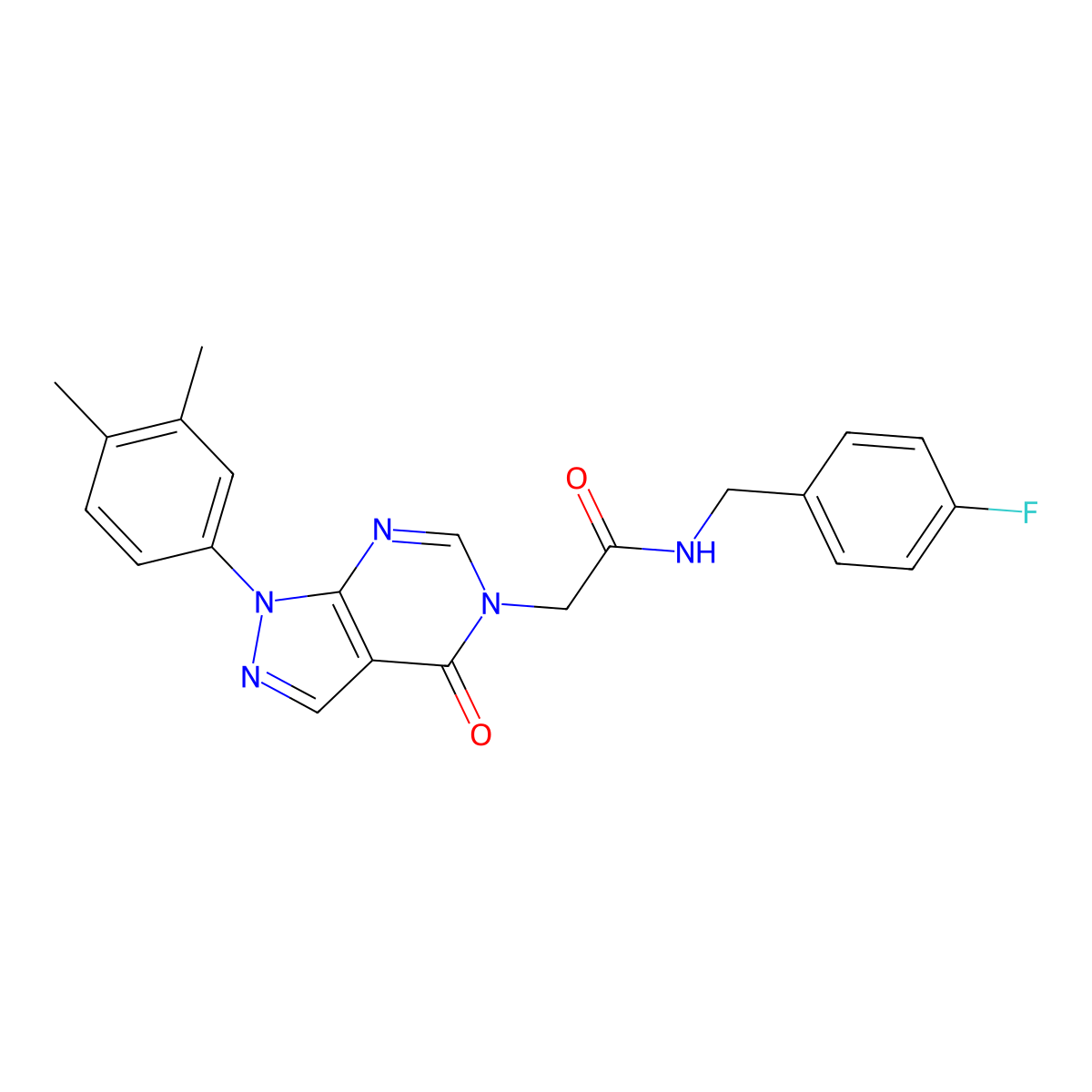 2-(1-(3,4-dimethylphenyl)-4-oxo-1H-pyrazolo[3,4-d]pyrimidin-5(4H)-yl)-N-(4-fluorobenzyl)acetamide molecular structure, CAS 863447-06-7