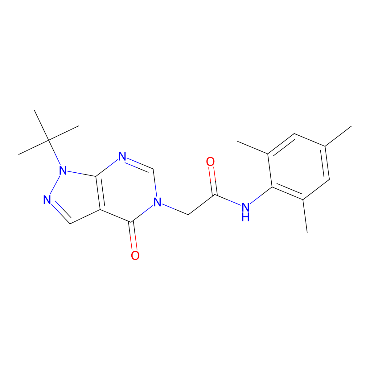 2-(1-(tert-butyl)-4-oxo-1H-pyrazolo[3,4-d]pyrimidin-5(4H)-yl)-N-mesitylacetamide molecular structure, CAS 863447-71-6