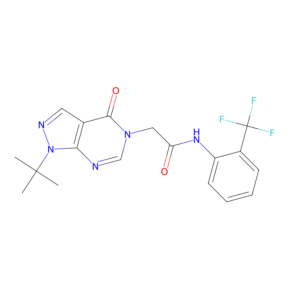 2-(1-(tert-butyl)-4-oxo-1H-pyrazolo[3,4-d]pyrimidin-5(4H)-yl)-N-(2-(trifluoromethyl)phenyl)acetamide molecular structure, CAS 863447-93-2