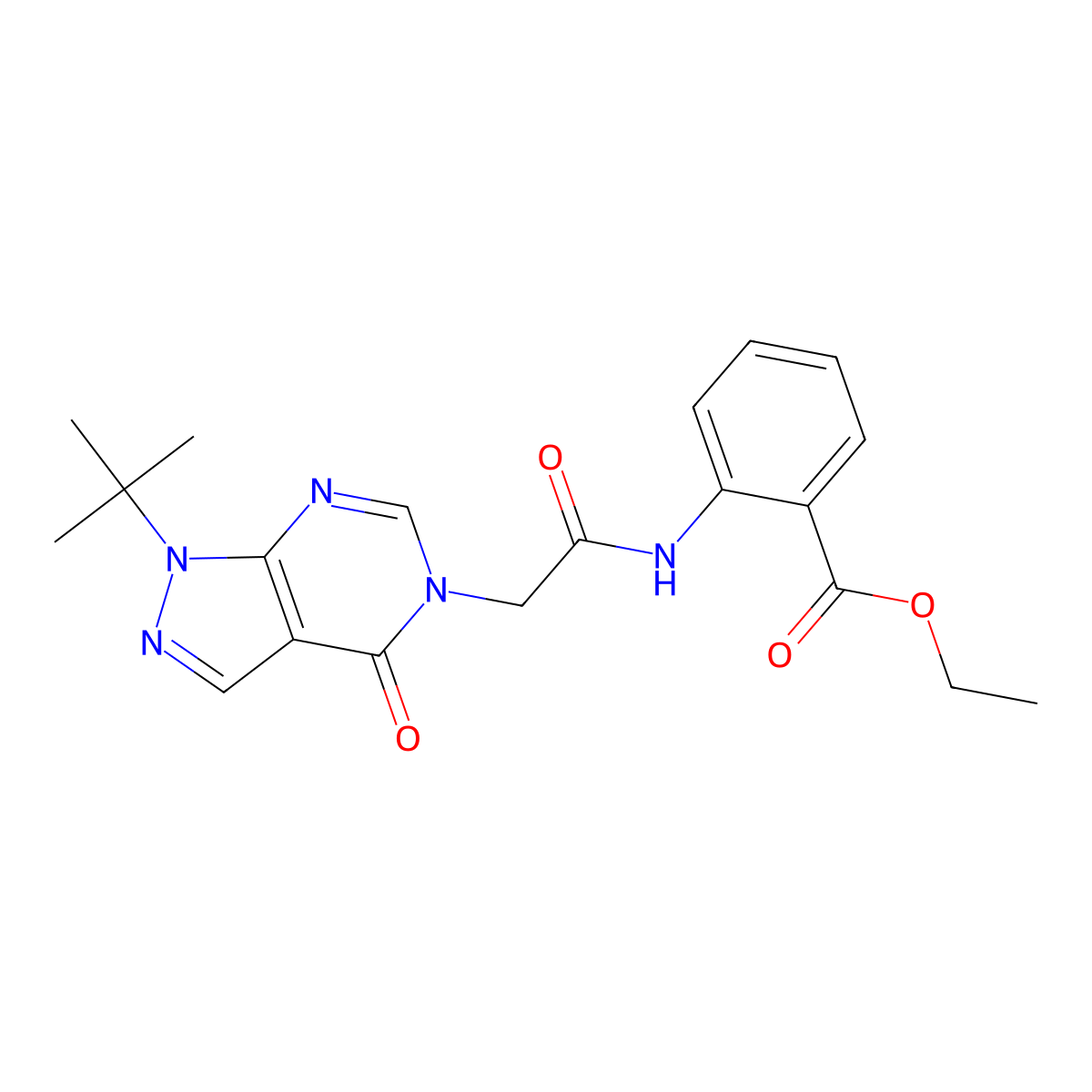 ethyl 2-(2-(1-(tert-butyl)-4-oxo-1H-pyrazolo[3,4-d]pyrimidin-5(4H)-yl)acetamido)benzoate molecular structure, CAS 863447-98-7