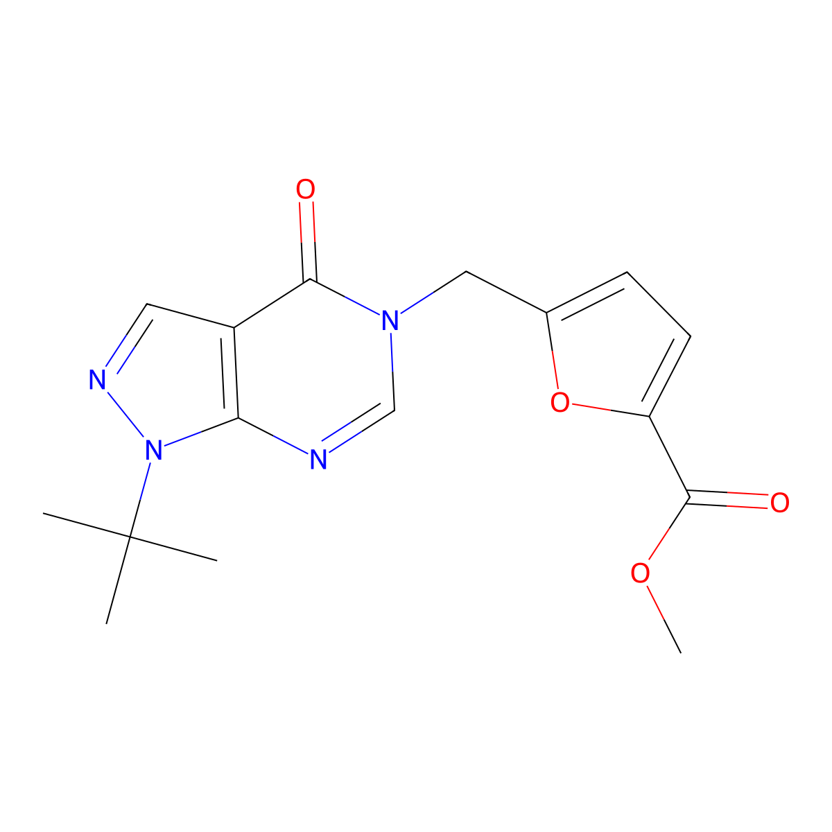 methyl 5-((1-(tert-butyl)-4-oxo-1H-pyrazolo[3,4-d]pyrimidin-5(4H)-yl)methyl)furan-2-carboxylate molecular structure, CAS 863448-29-7